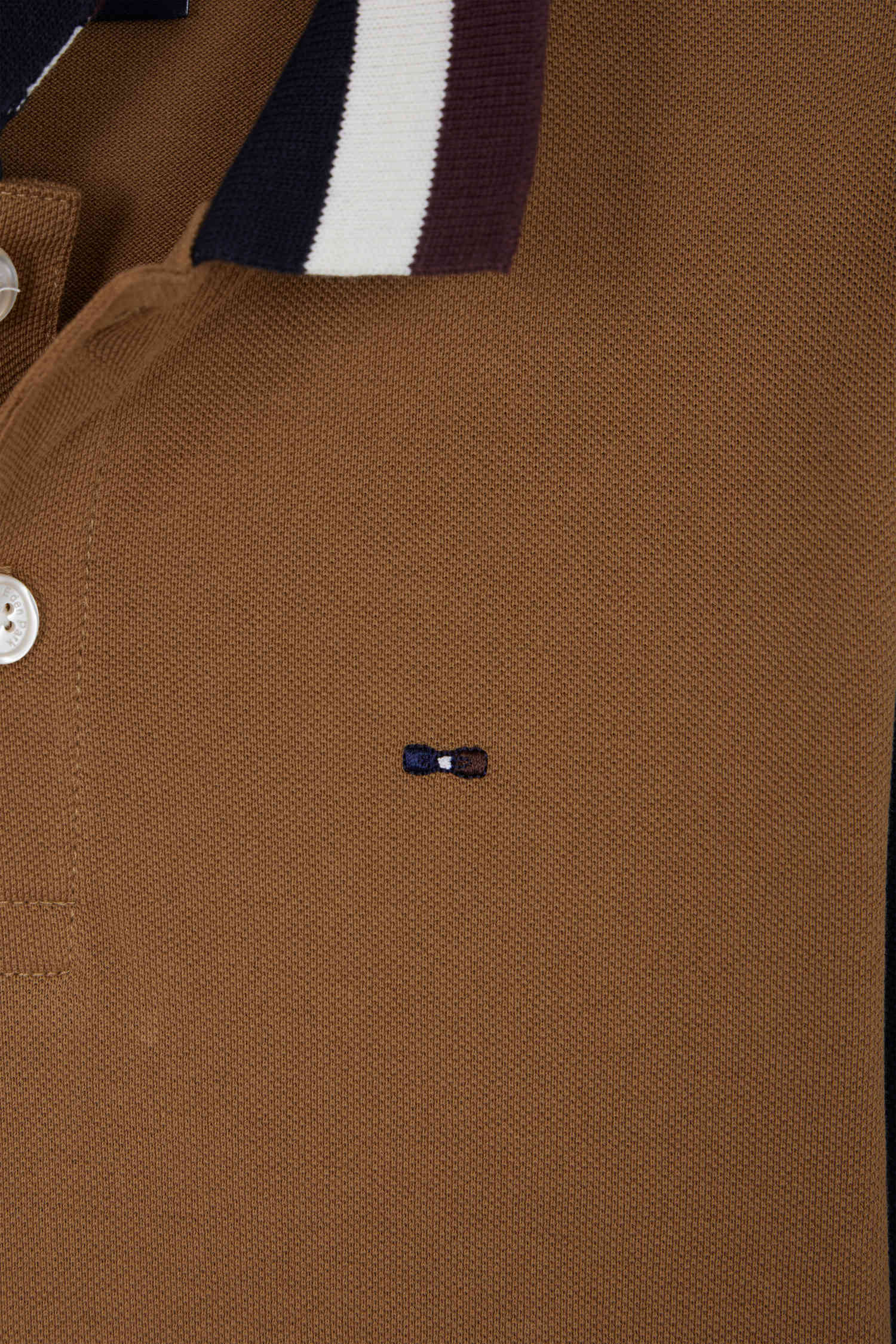 Polo manches longues en piqué coton camel col tricolore jacquard Eden Park coupe Regular