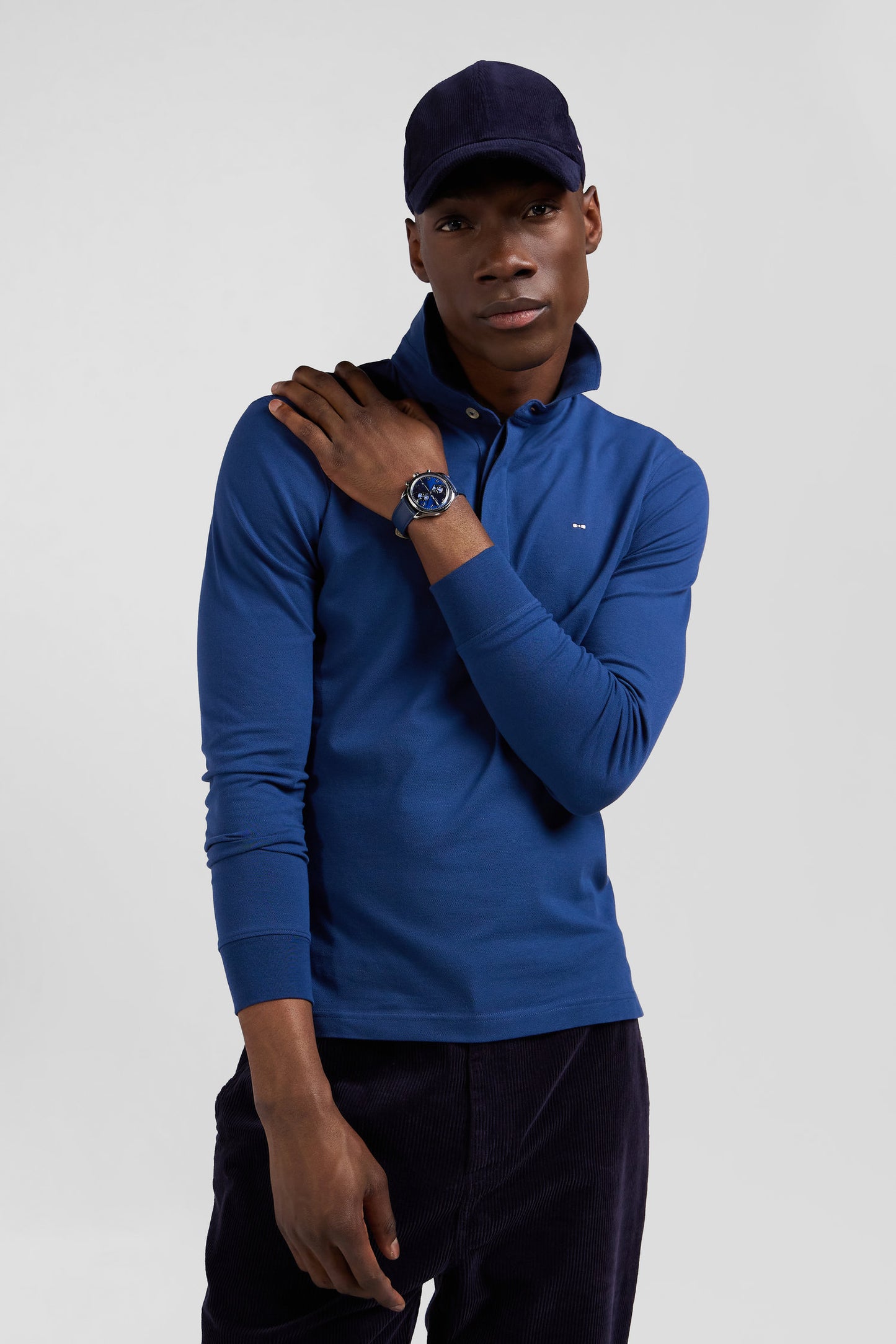 Polo manches longues en piqué coton bleu foncé coupe Slim