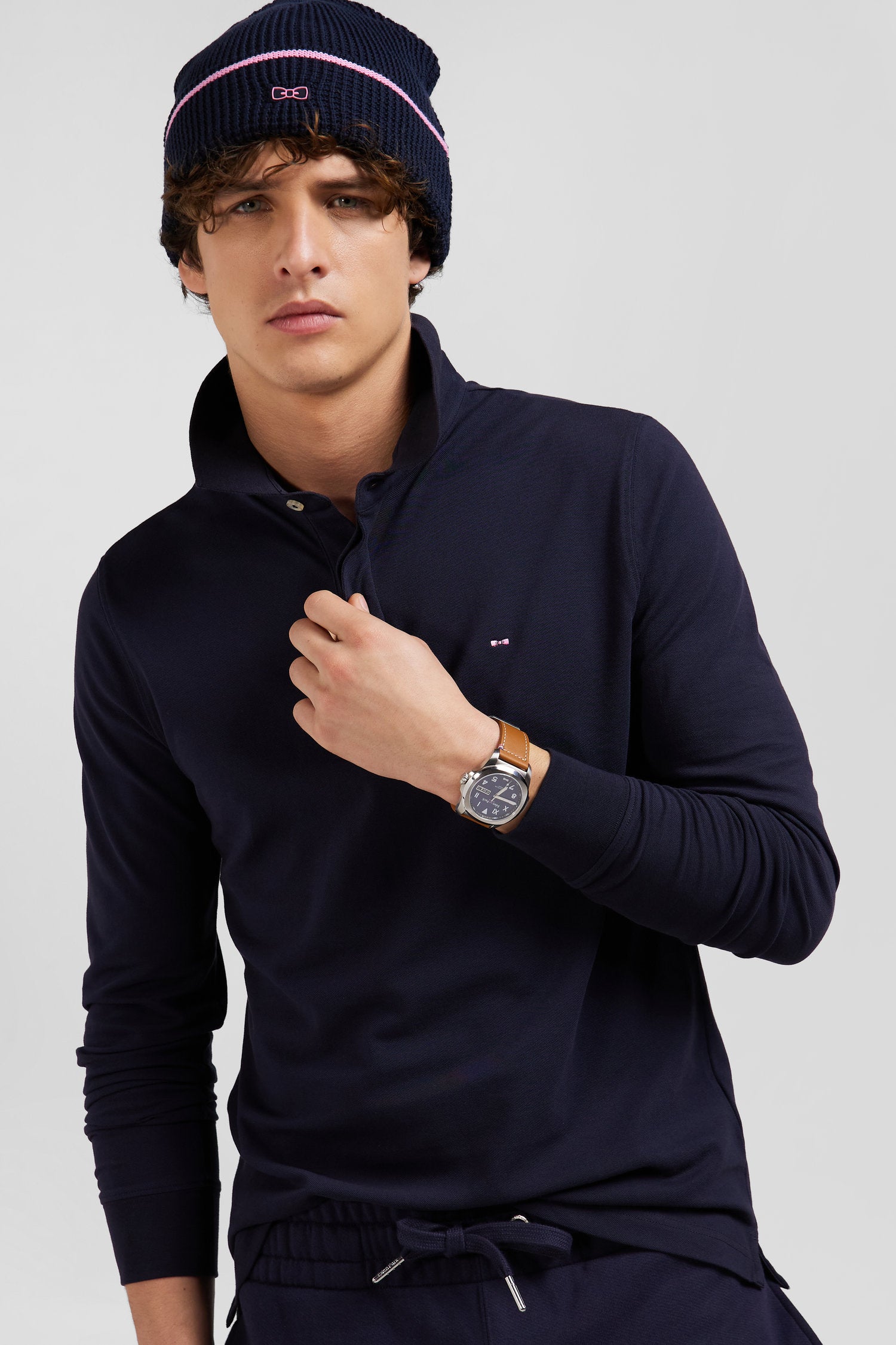 Polo manches longues en piqué coton bleu marine coupe Slim