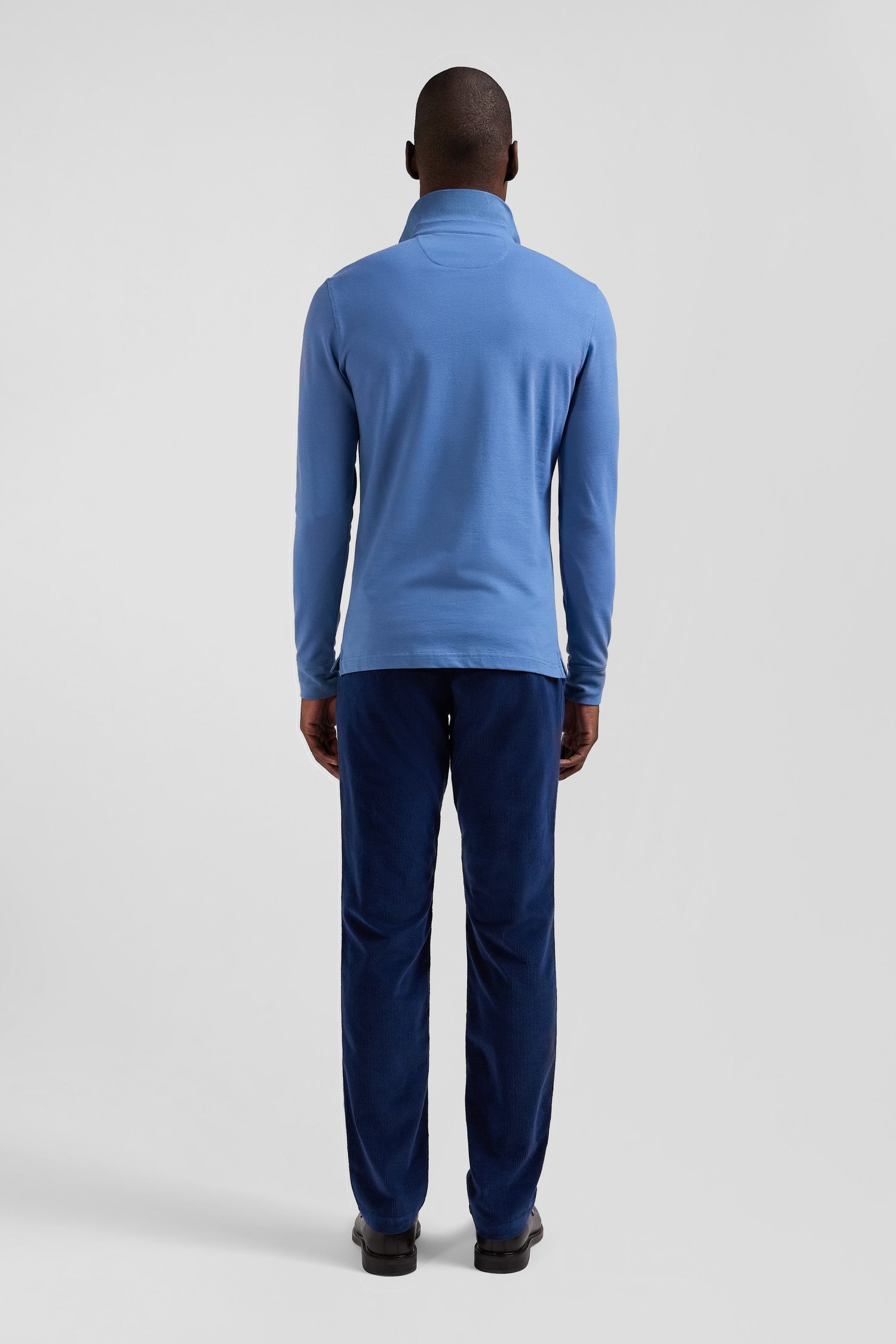 Polo manches longues en piqué coton bleu coupe Slim