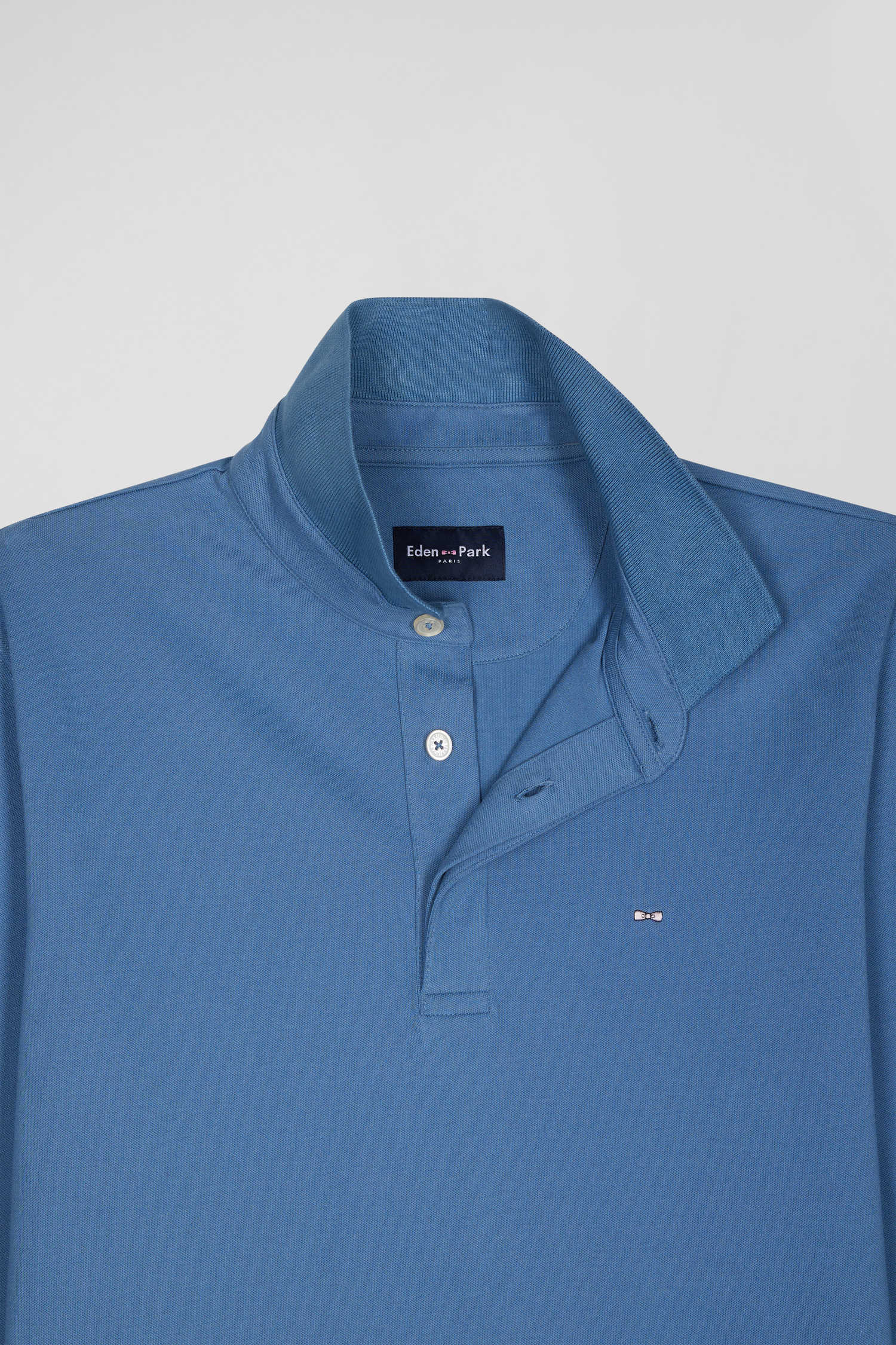 Polo manches longues en piqué coton bleu coupe Slim