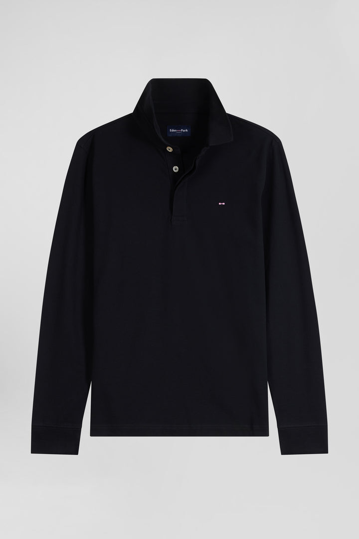 Polo manches longues en piqué coton noir coupe Slim