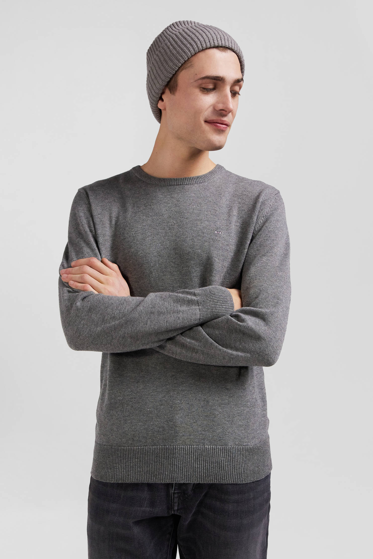 Pull col rond en laine et coton gris clair coupe Regular