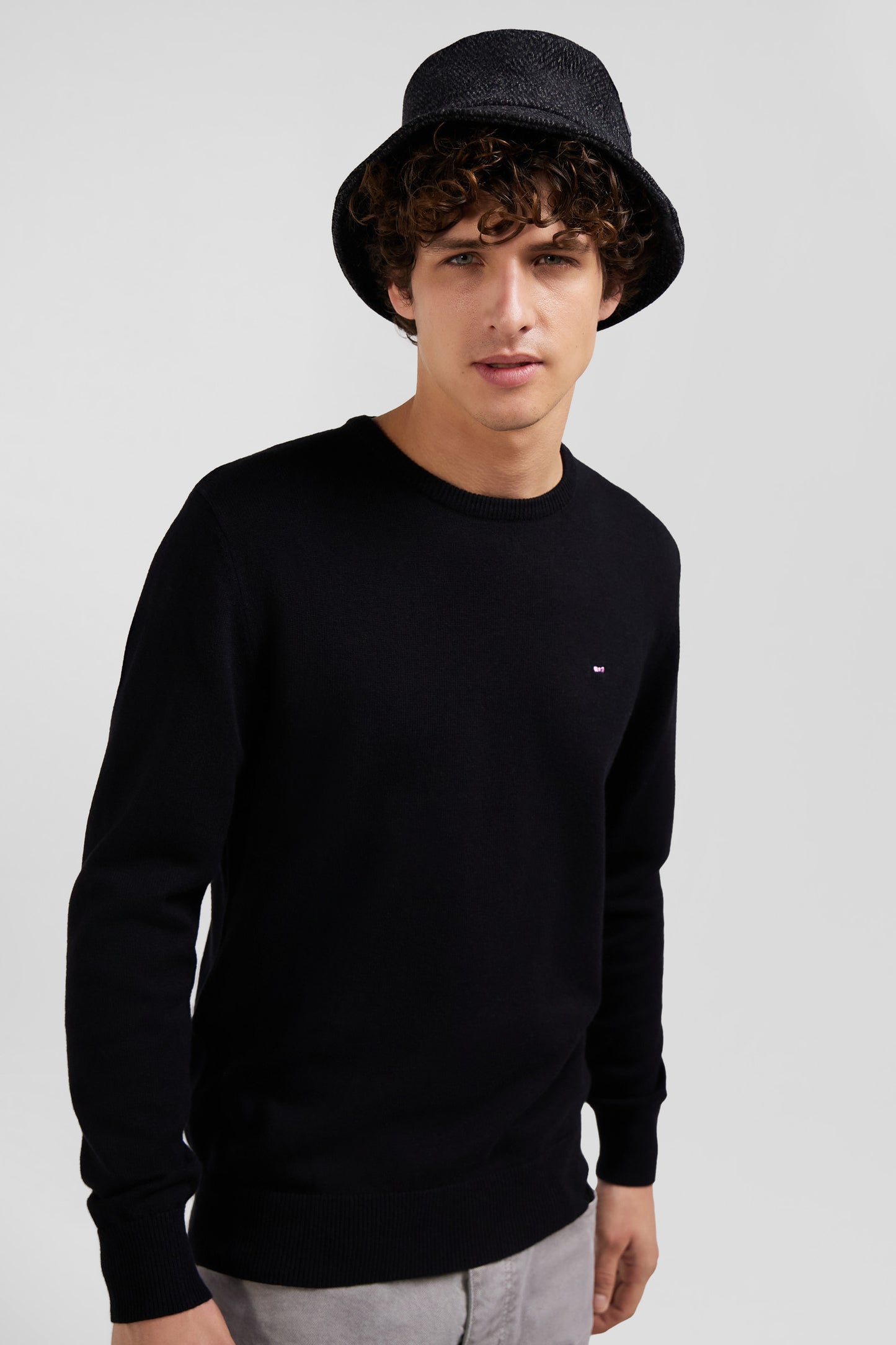 Pull col rond en laine et coton noir coupe Regular