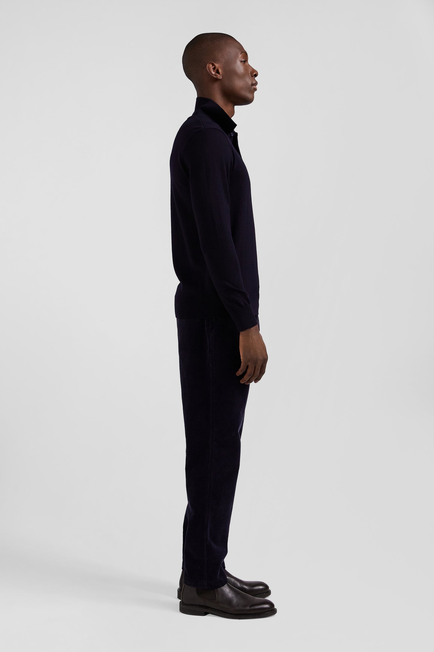 Regular navy blue wool jersey jumper with rugby shirt collar