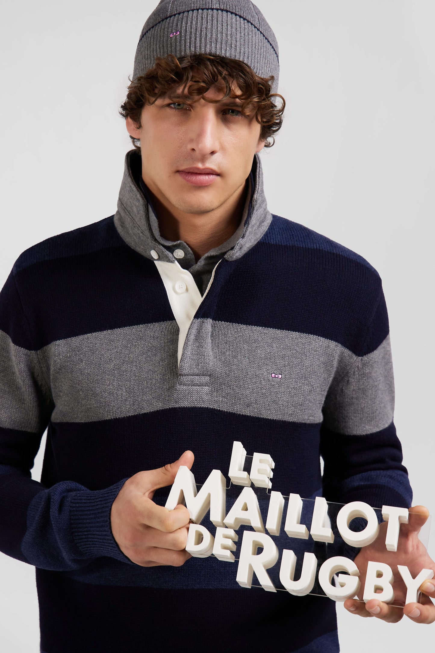 Pull col maillot rayé en laine et coton bleu marine coupe Regular