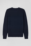 Pull col rond en coton bleu marine à jeux de maille coupe Regular