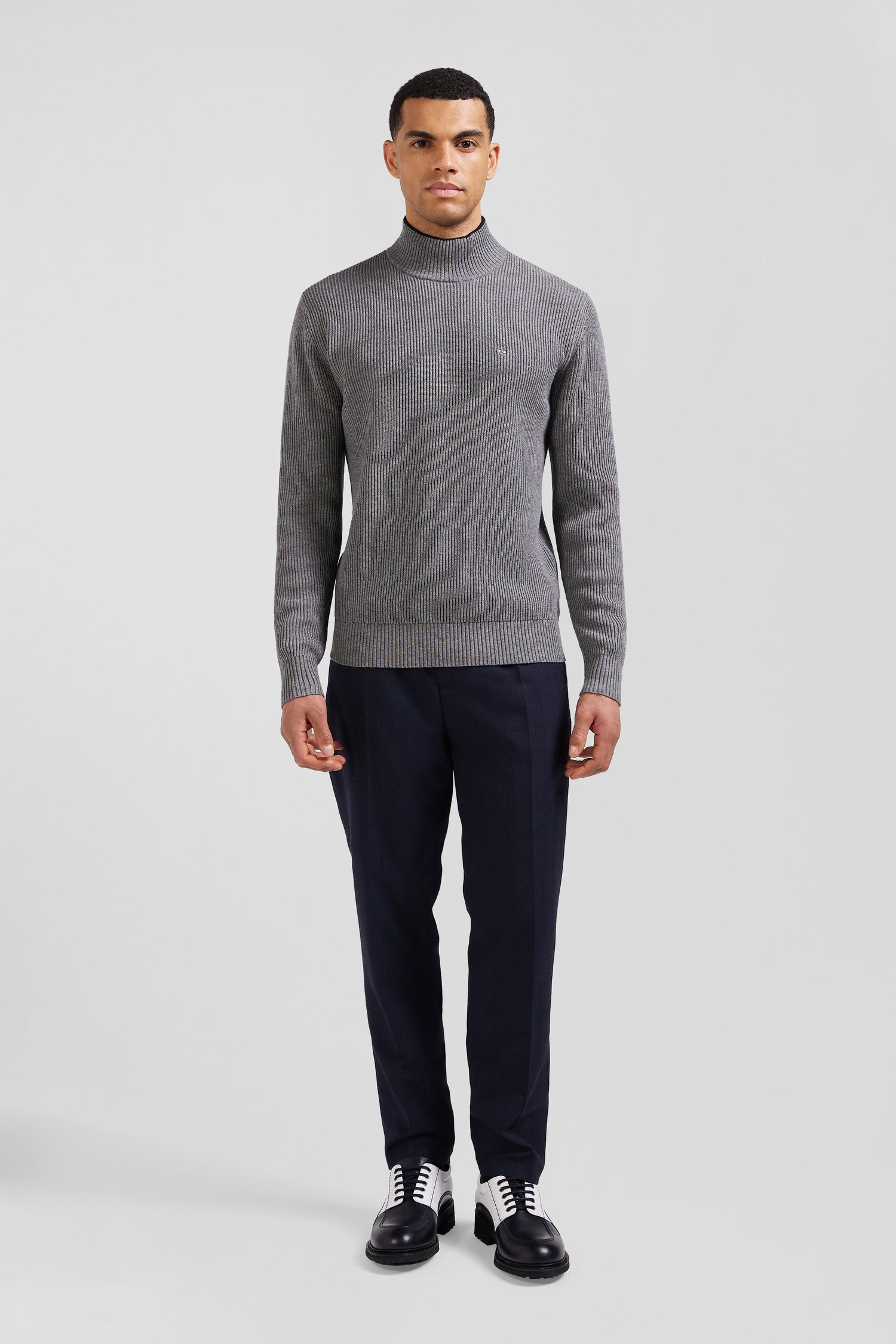 Regular grey wool and cotton high-neck jumper