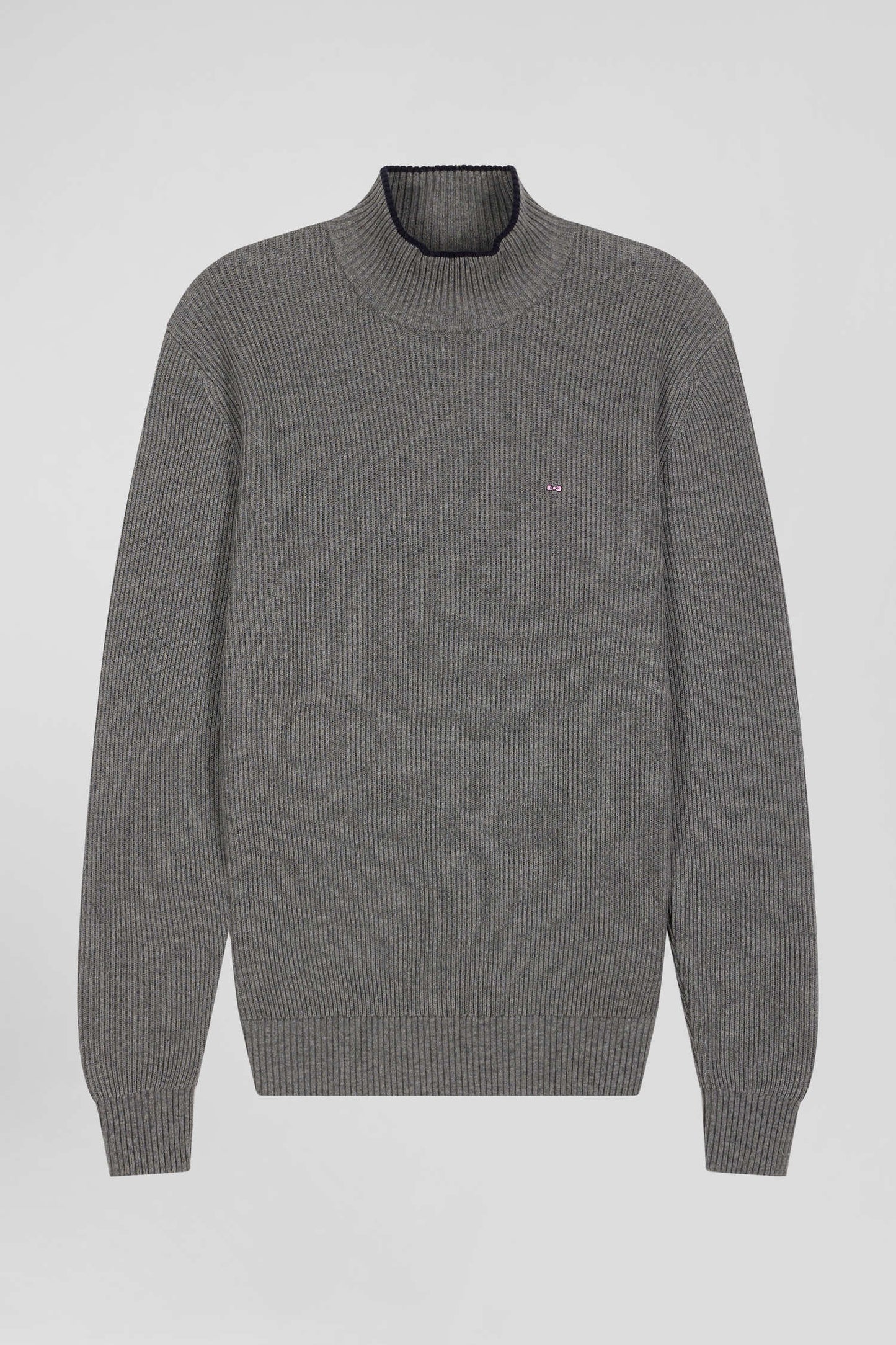 Regular grey wool and cotton high-neck jumper