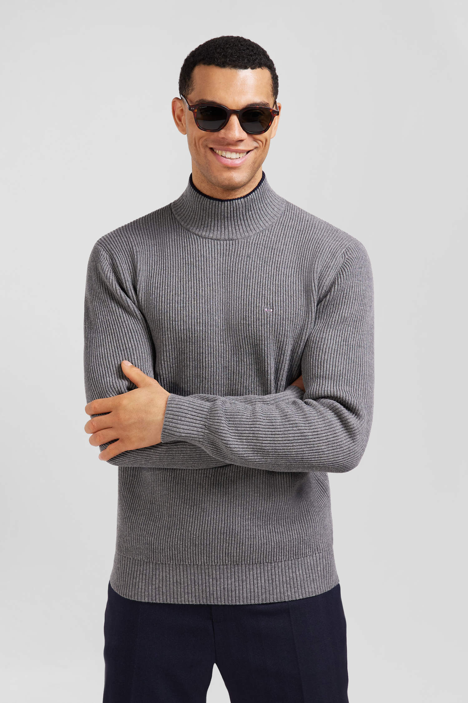 Regular grey wool and cotton high-neck jumper