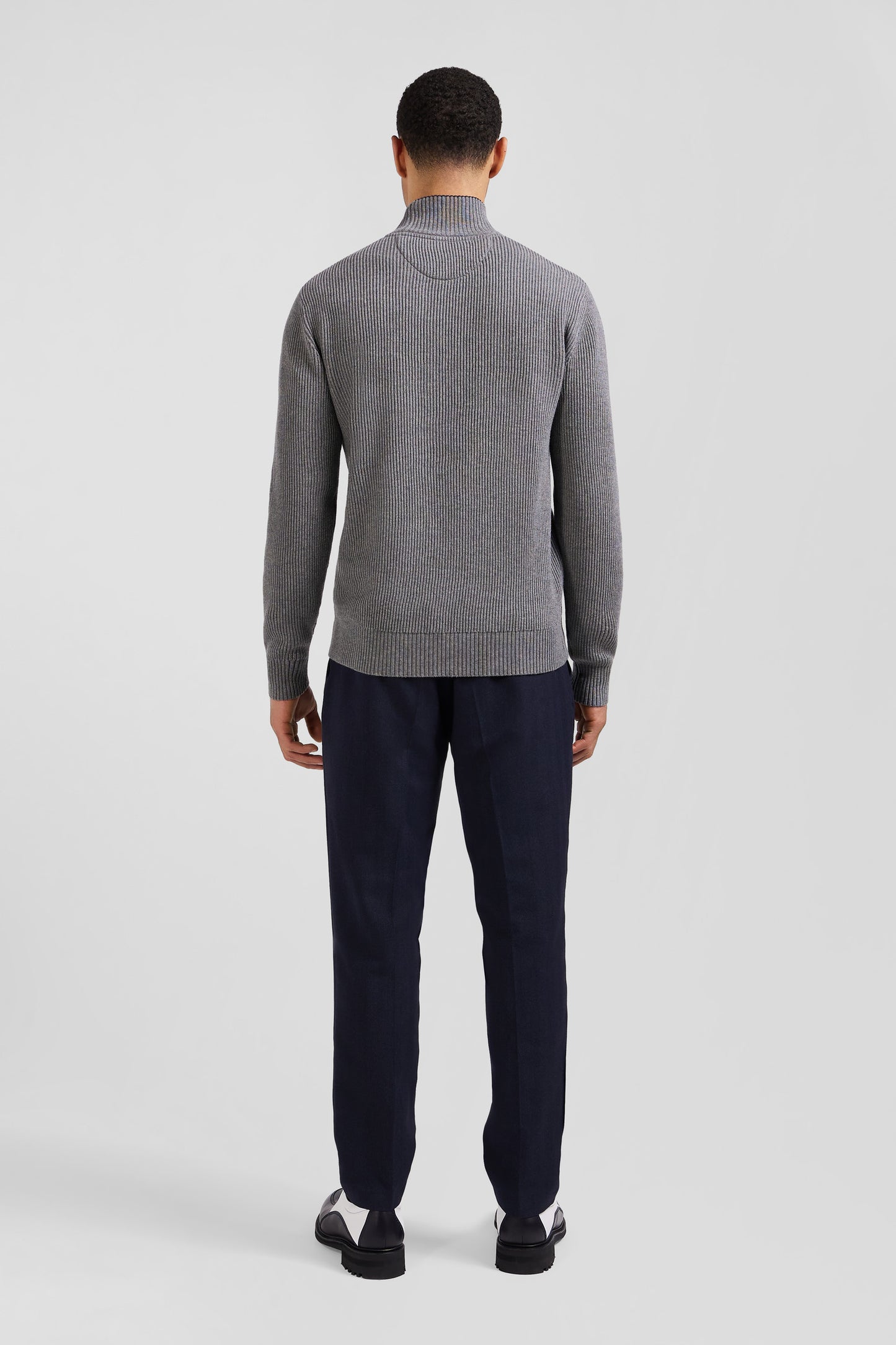 Regular grey wool and cotton high-neck jumper