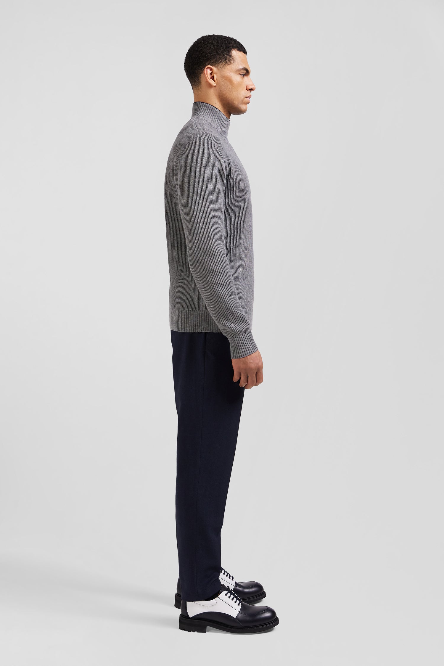 Regular grey wool and cotton high-neck jumper