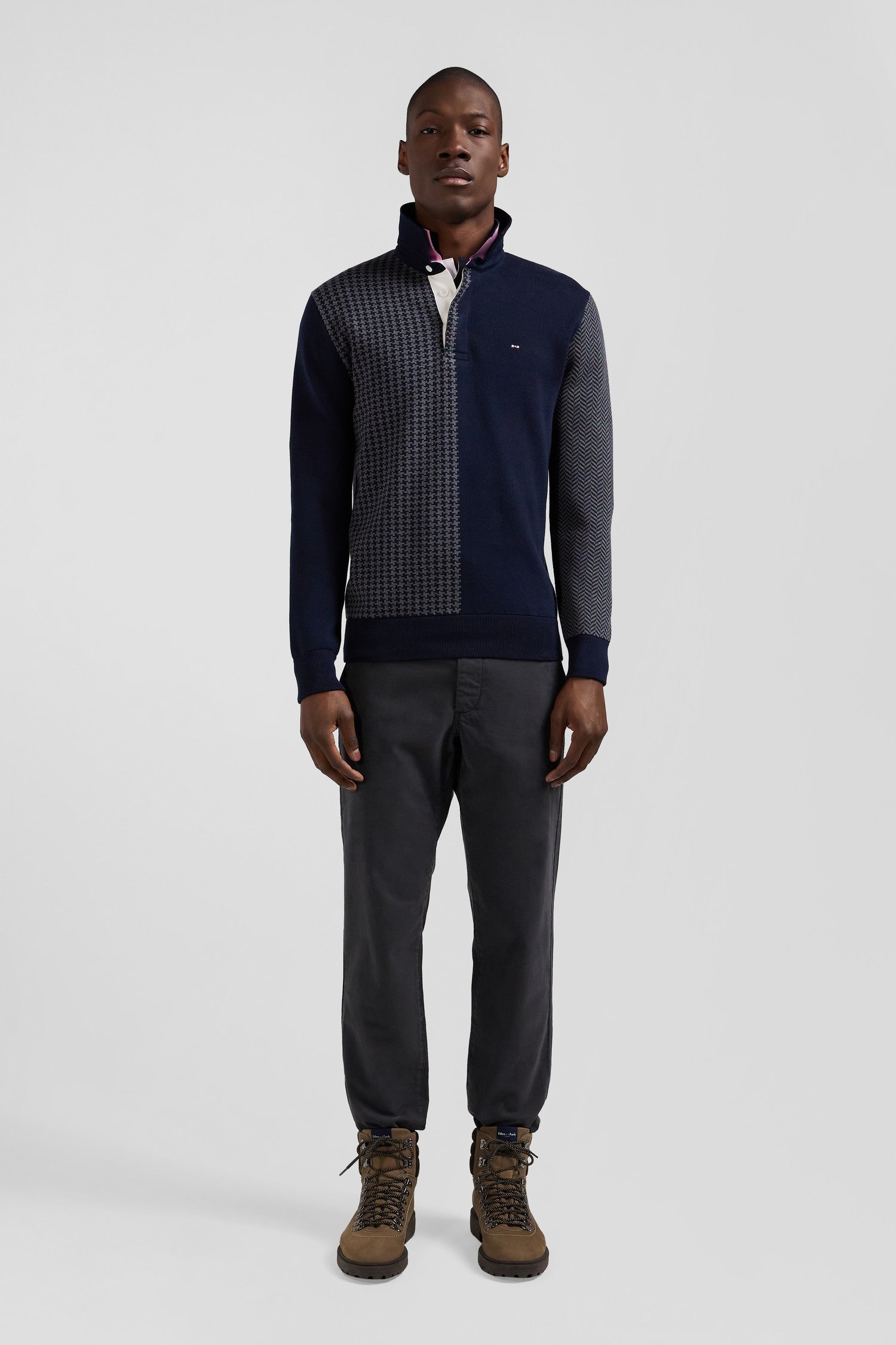 Regular navy blue cotton jumper with houndstooth jacquard and rugby shirt collar