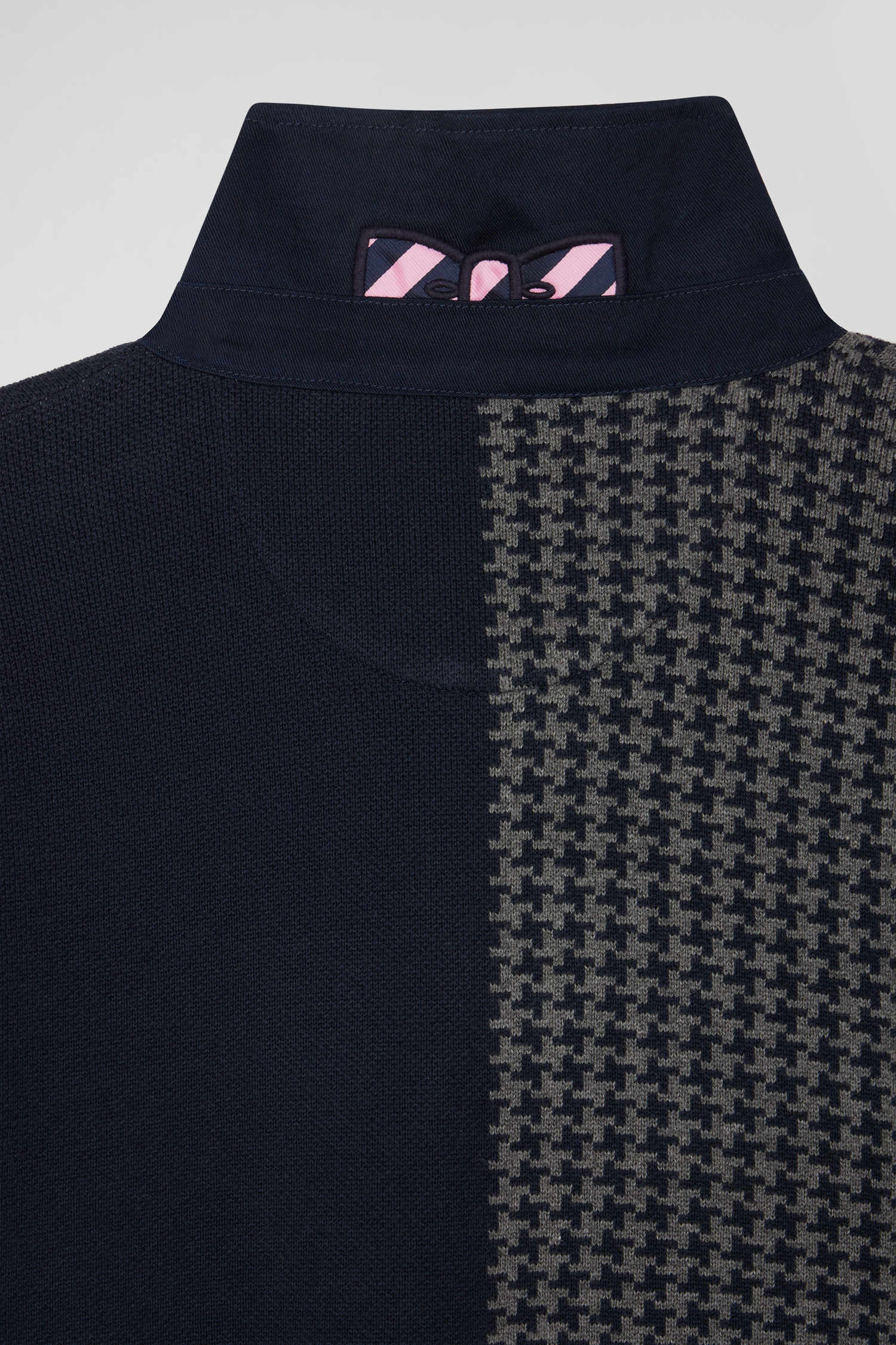 Regular navy blue cotton jumper with houndstooth jacquard and rugby shirt collar