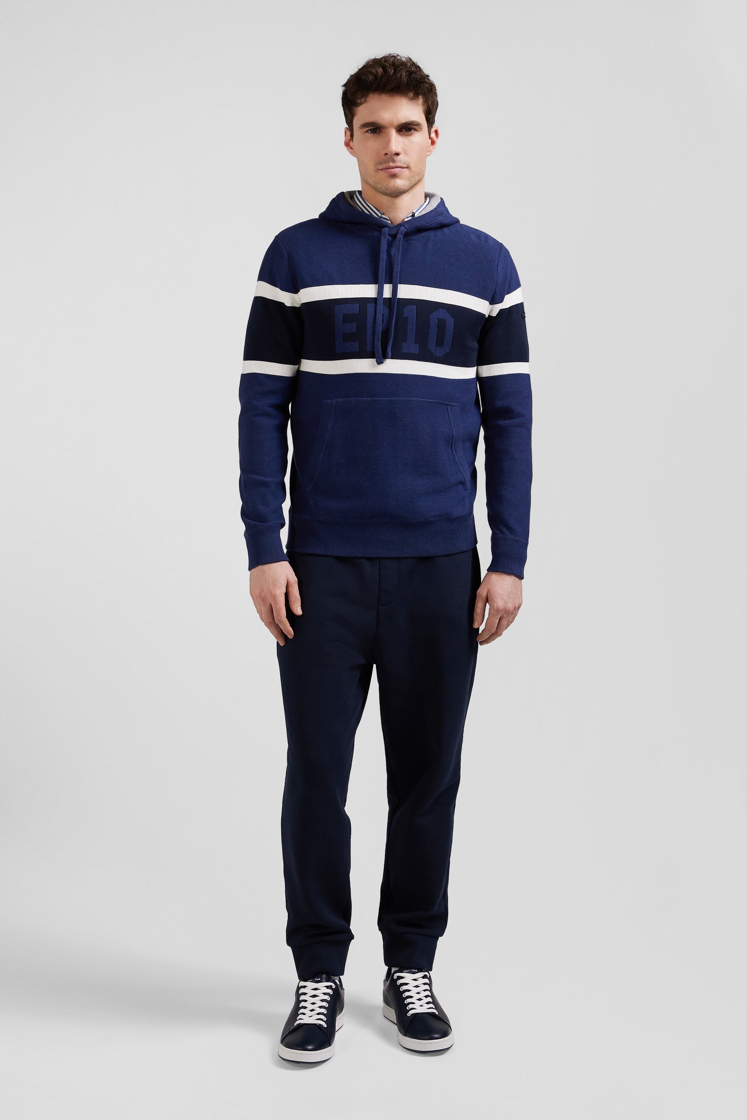 Regular dark blue hooded jumper with EP10 jacquard