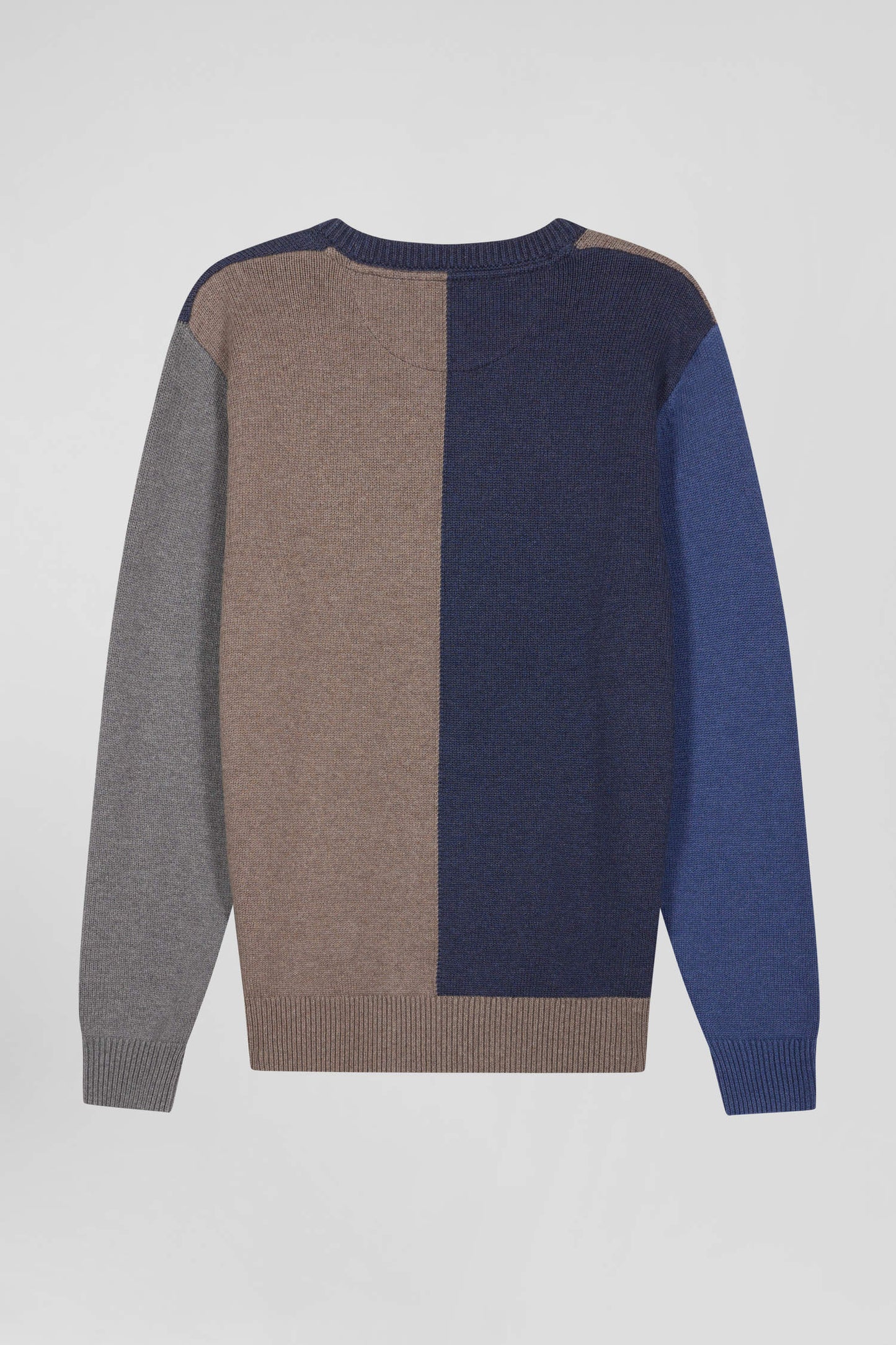 Pull col rond colorblock en coton bleu chiné et marron coupe Regular