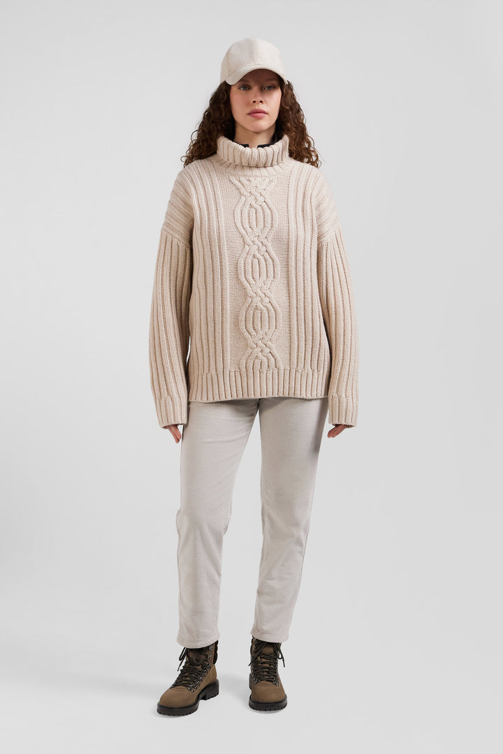 Oversize ivory wool blend high neck jumper with bow effect