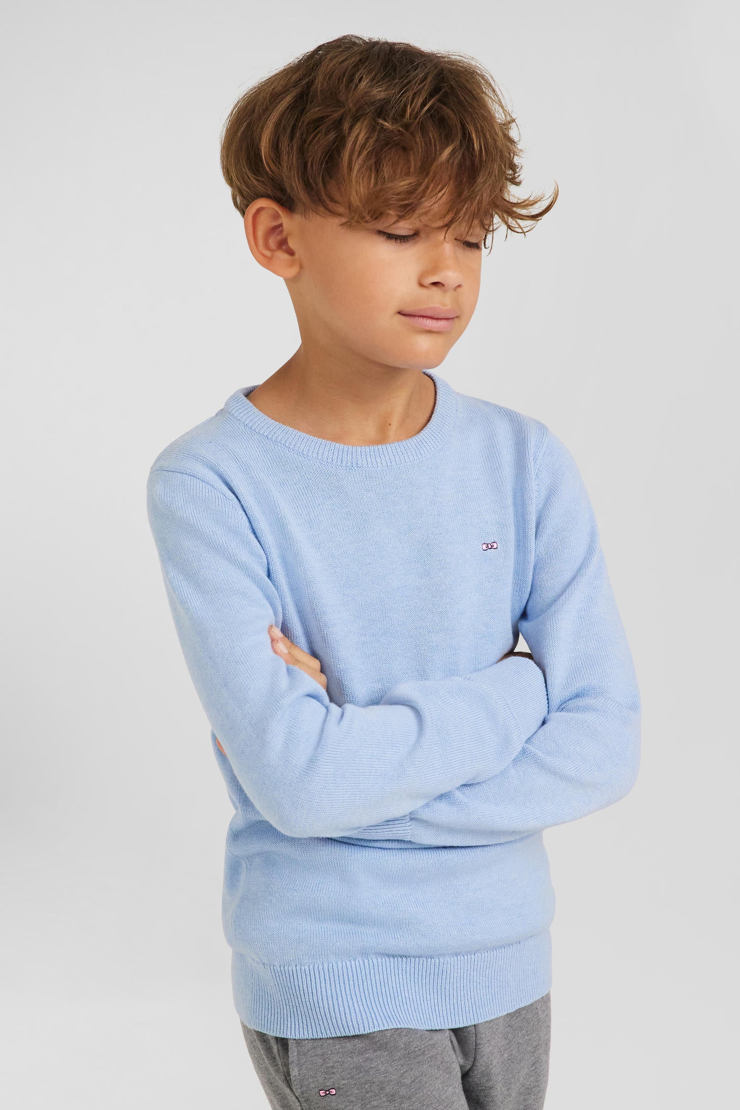 Regular sky blue wool and cotton crew neck jumper