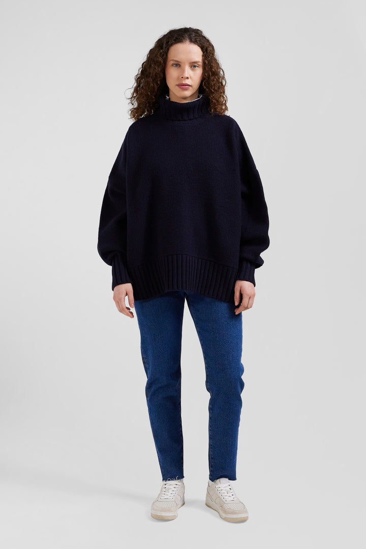 Pull col roulé en laine mélangée bleu marine coupe Oversized