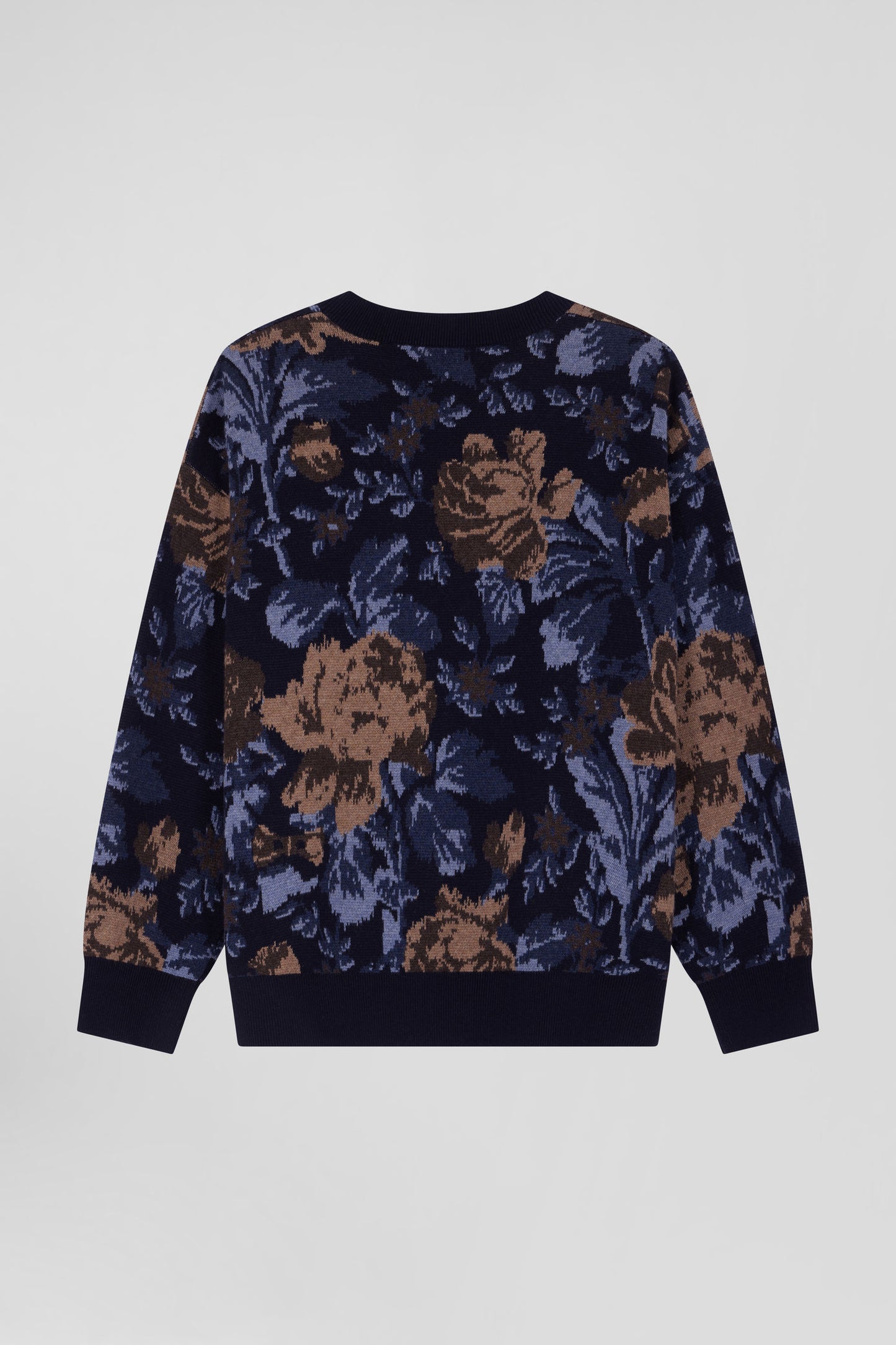 Pull col rond en laine et coton marine à motifs floraux coupe Oversized