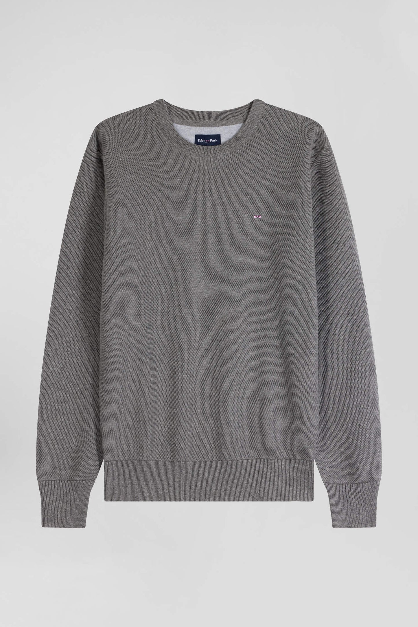 Pull col rond uni en coton gris coupe Regular