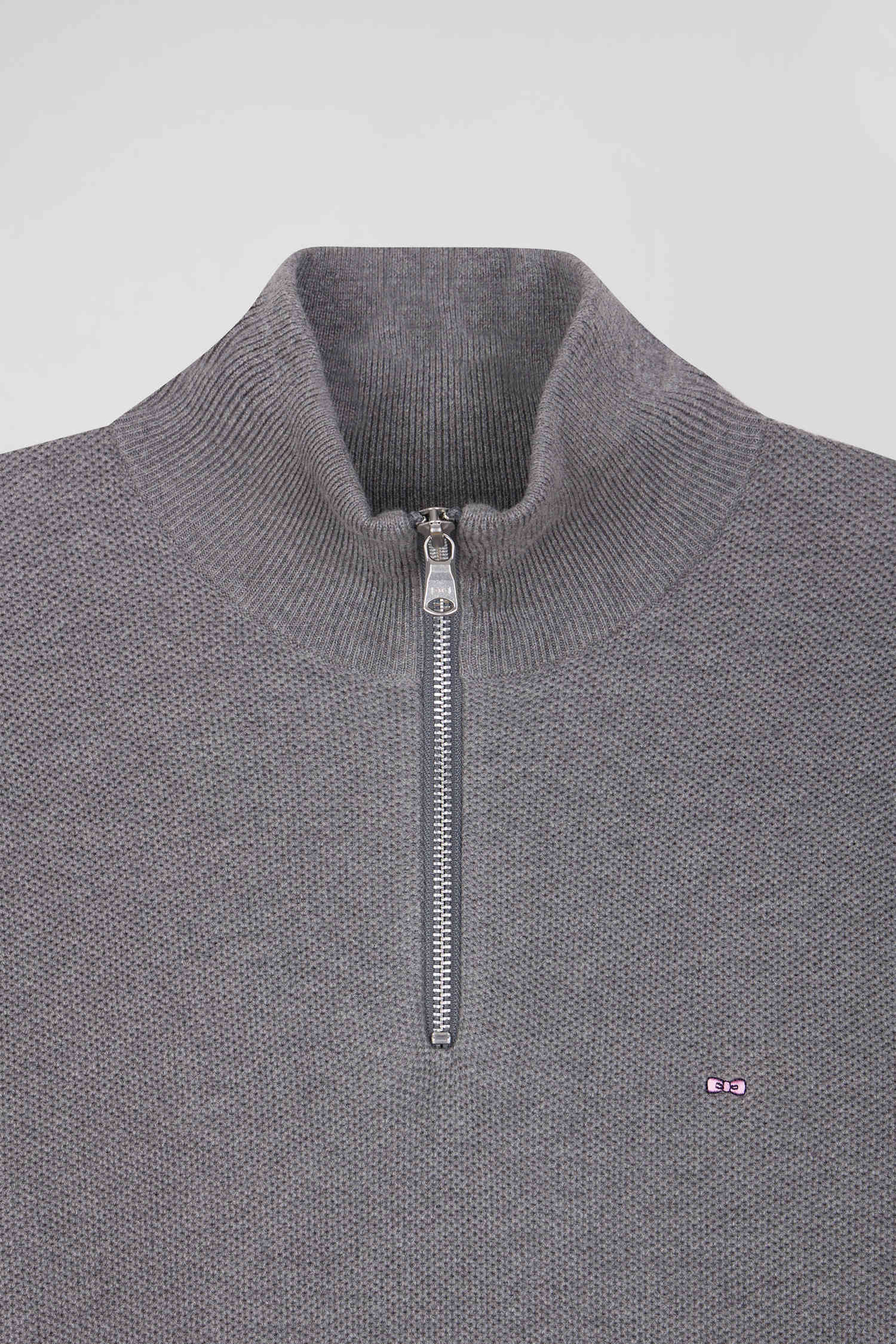 Pull col camionneur zippé uni en coton gris coupe Regular