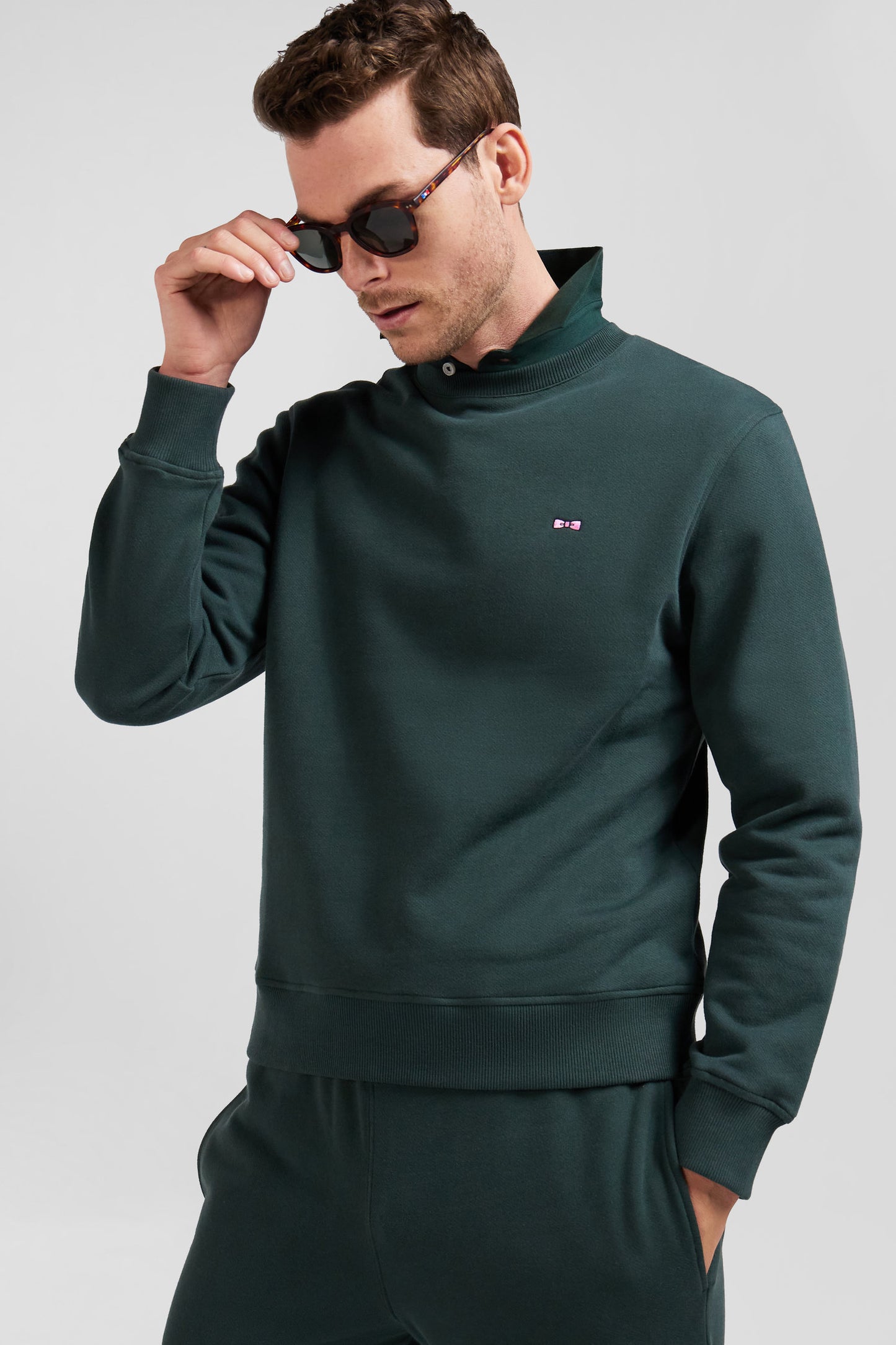 Sweatshirt en molleton coton uni vert coupe Regular