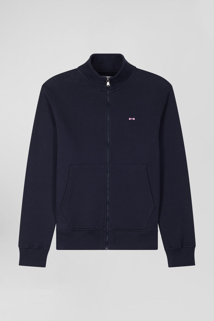 Sweatshirt zippé à col montant en molleton coton uni bleu marine coupe Regular