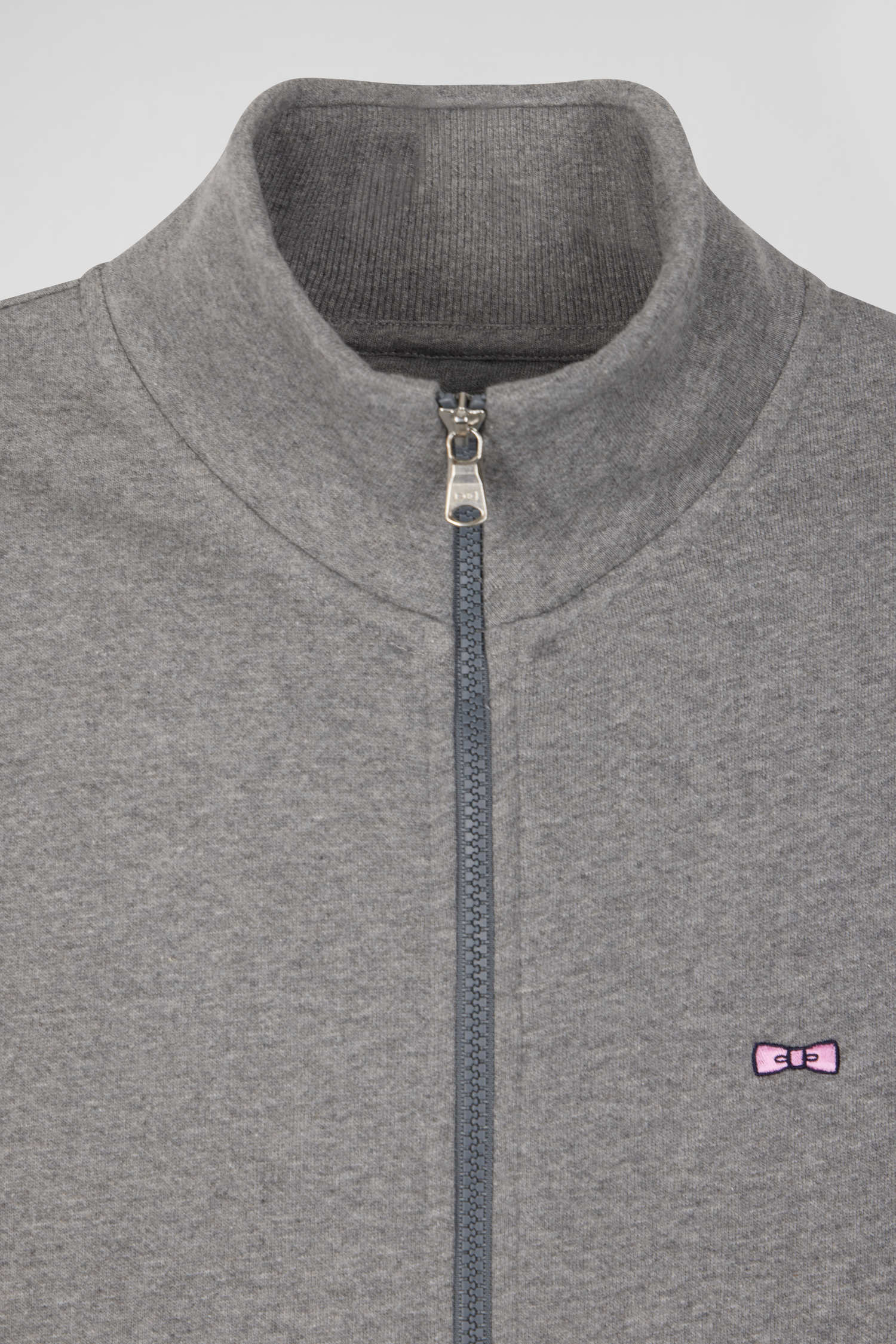 Sweatshirt zippé à col montant en molleton coton uni gris coupe Regular