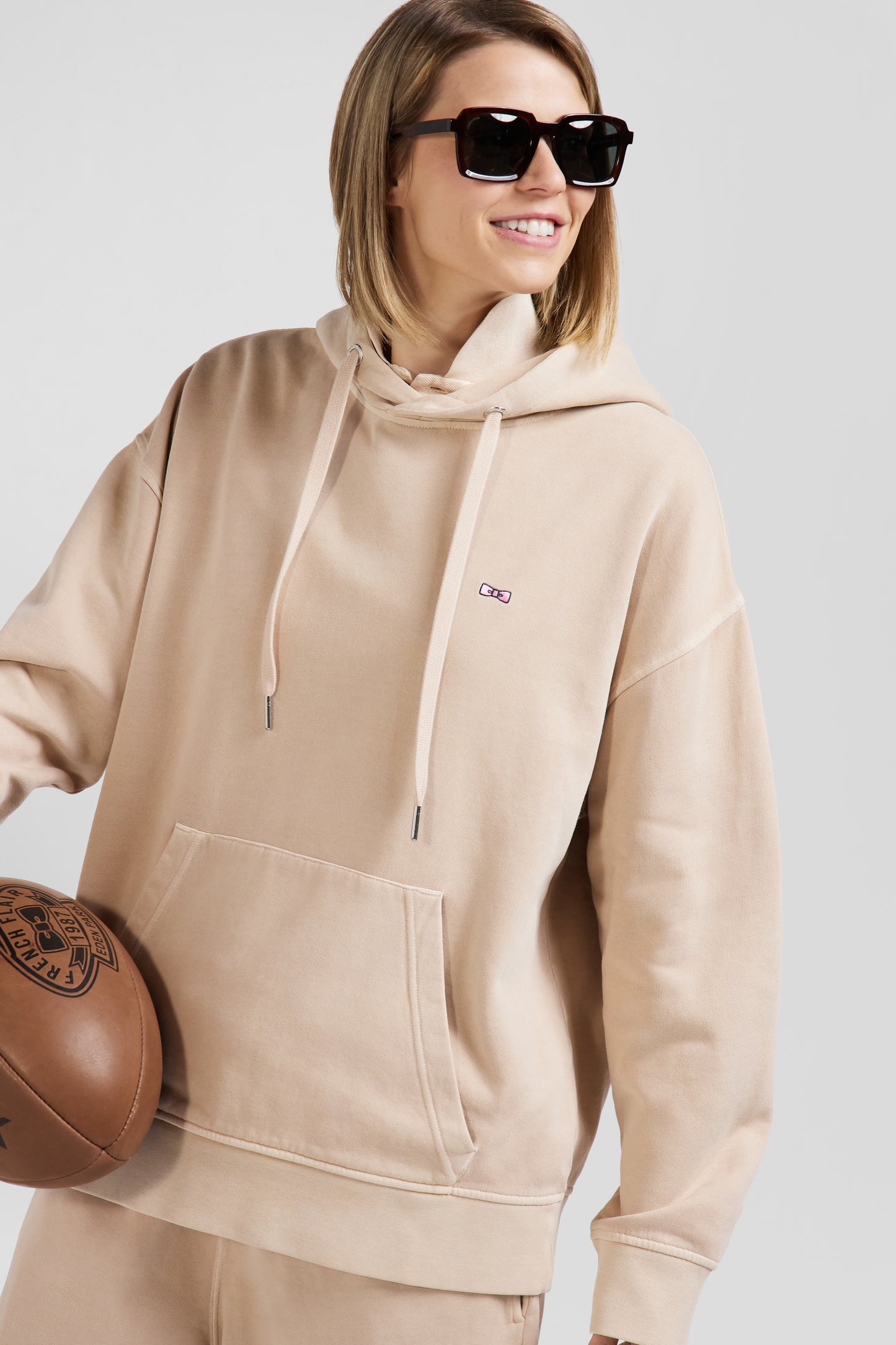 Sweatshirt à capuche unisexe en molleton coton beige surteint coupe Oversized