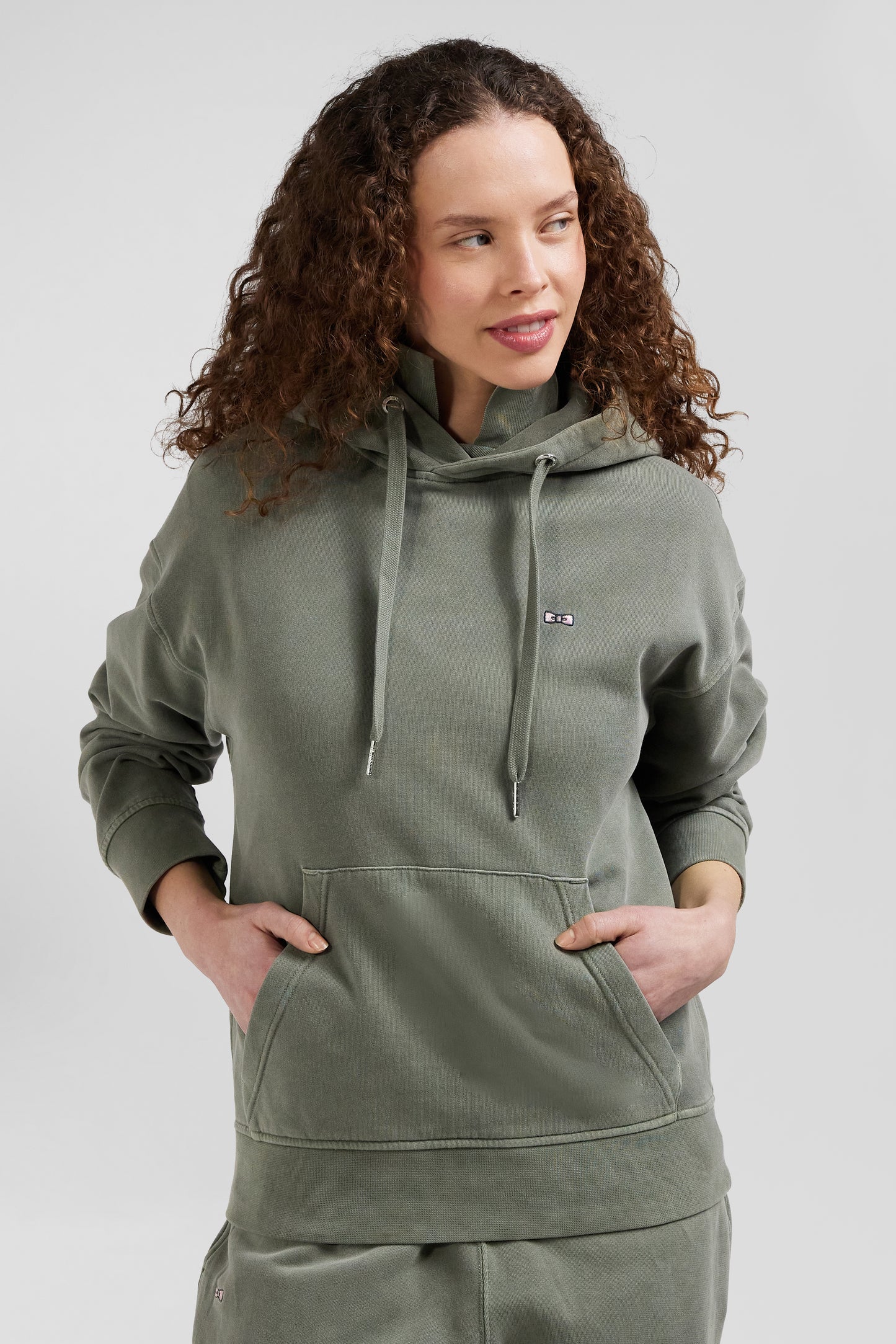 Sweatshirt à capuche unisexe en molleton coton kaki surteint coupe Oversized