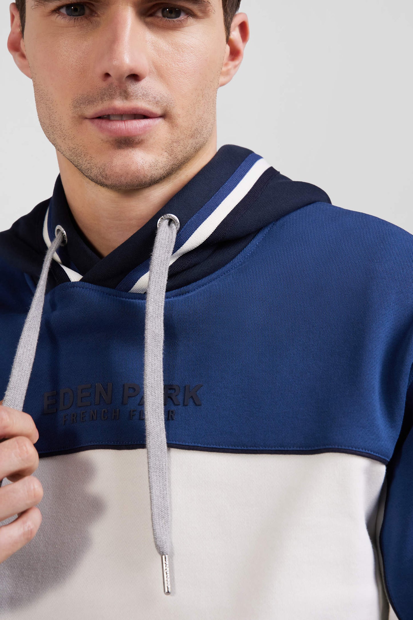 Relaxed dark blue tricolor cotton hoodie