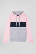 Sweatshirt à capuche zippé colorblock en coton rose coupe Regular