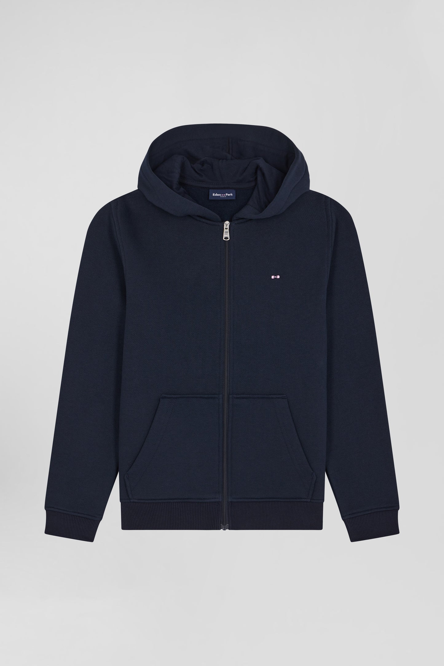 Regular navy blue zipped cotton hoodie