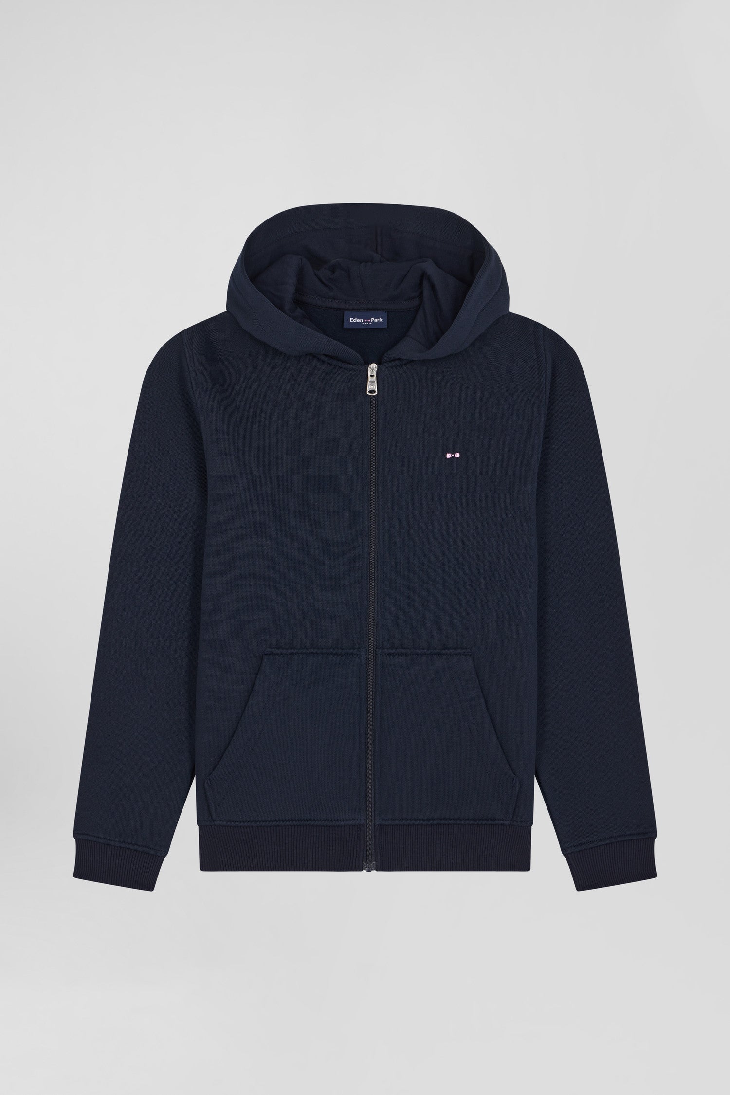 Regular navy blue zipped cotton hoodie