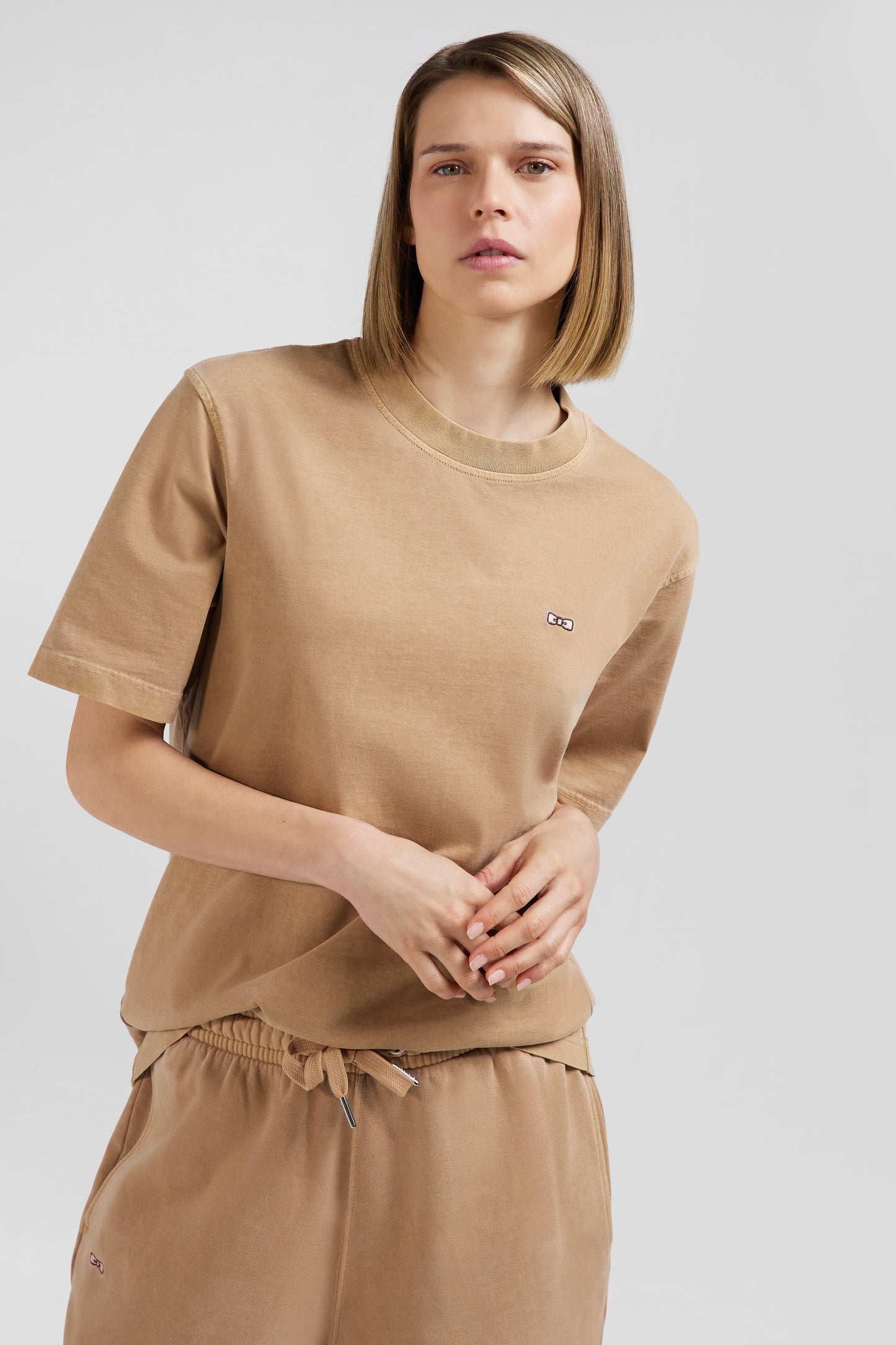 T-shirt manches courtes unisexe en coton surteint uni camel coupe Oversized