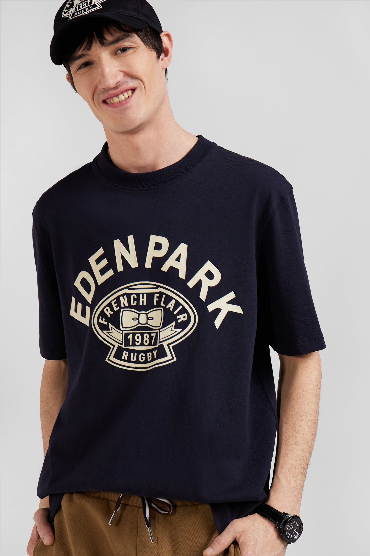 T-shirt manches courtes bleu marine application Eden Park Rugby coupe Oversized