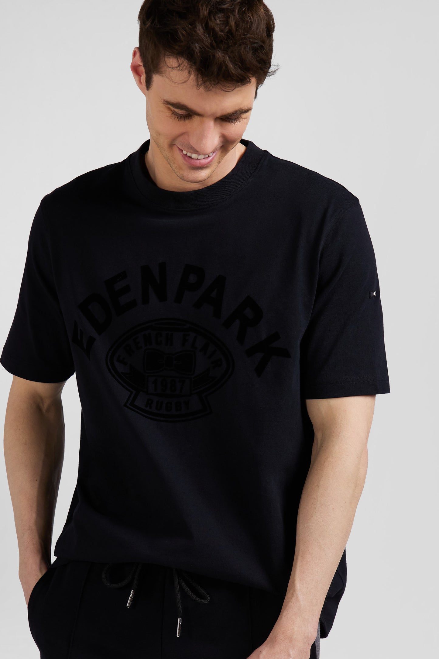 T-shirt manches courtes noir application Eden Park Rugby coupe Oversized