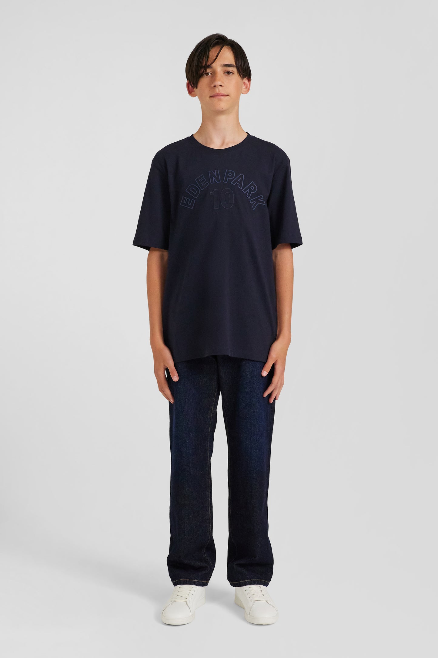 Oversize navy blue embroidered short-sleeved cotton T-shirt