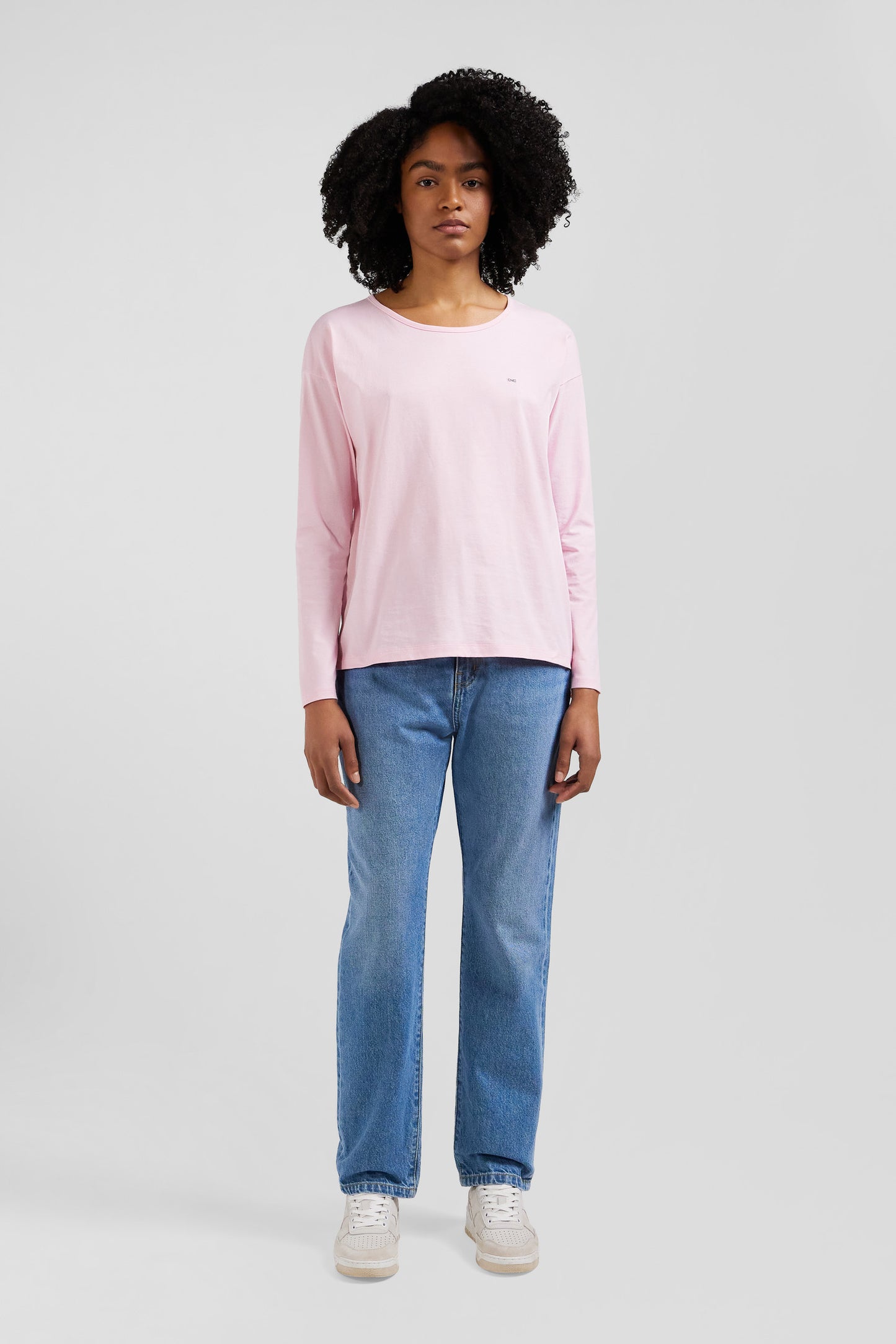 T-shirt manches longues à col rond en coton rose coupe Relaxed