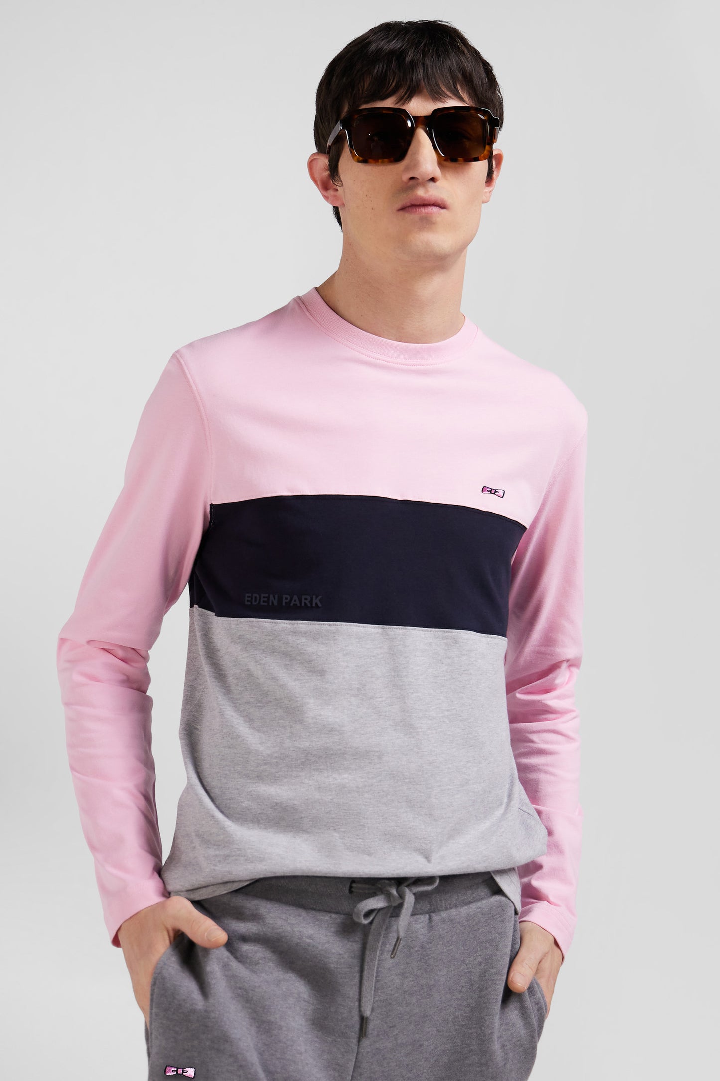 T-shirt manches longues colorblock en coton rose coupe Regular