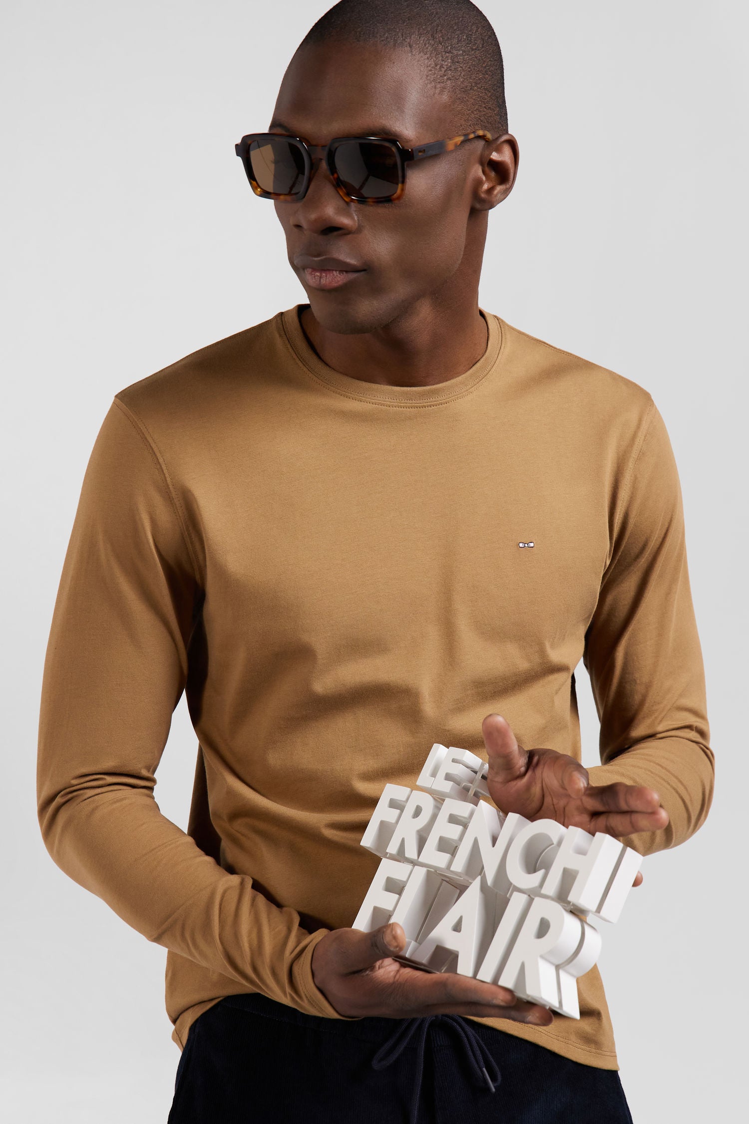 T shirt manches longues uni en coton camel coupe Regular Eden Park