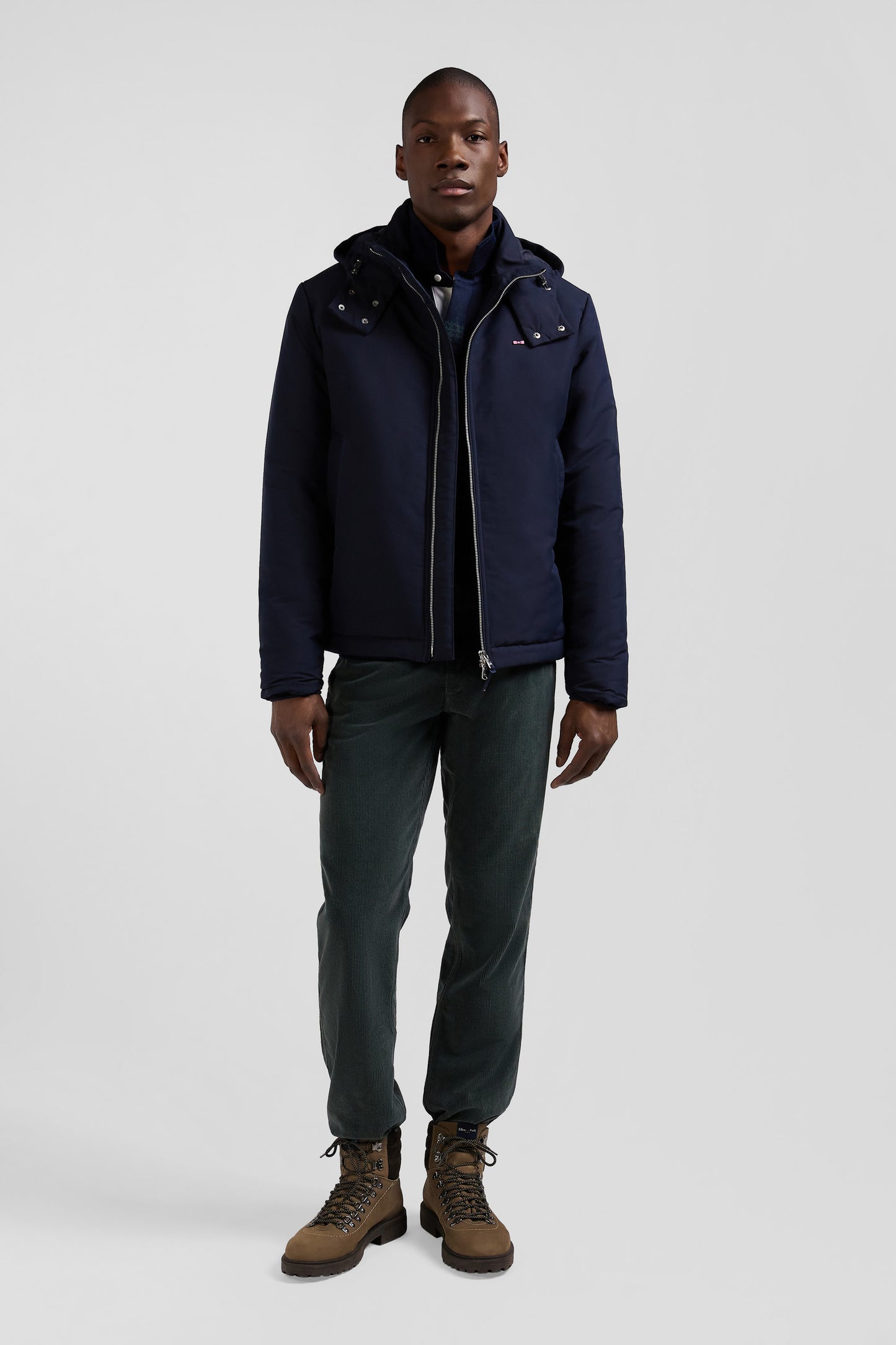 Navy blue hooded zip-up jacket