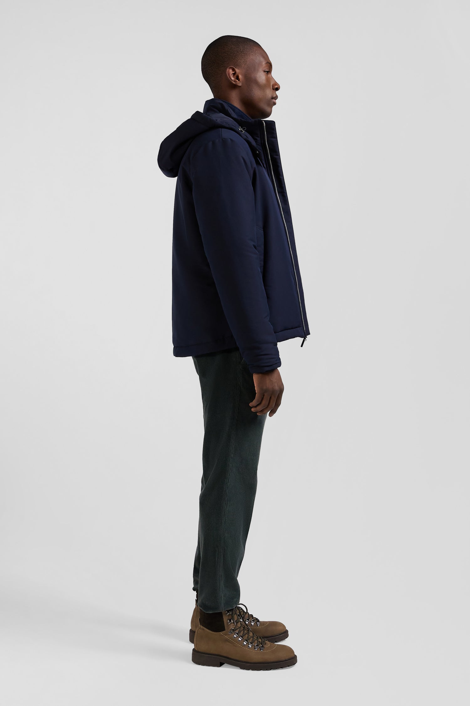 Navy blue hooded zip-up jacket