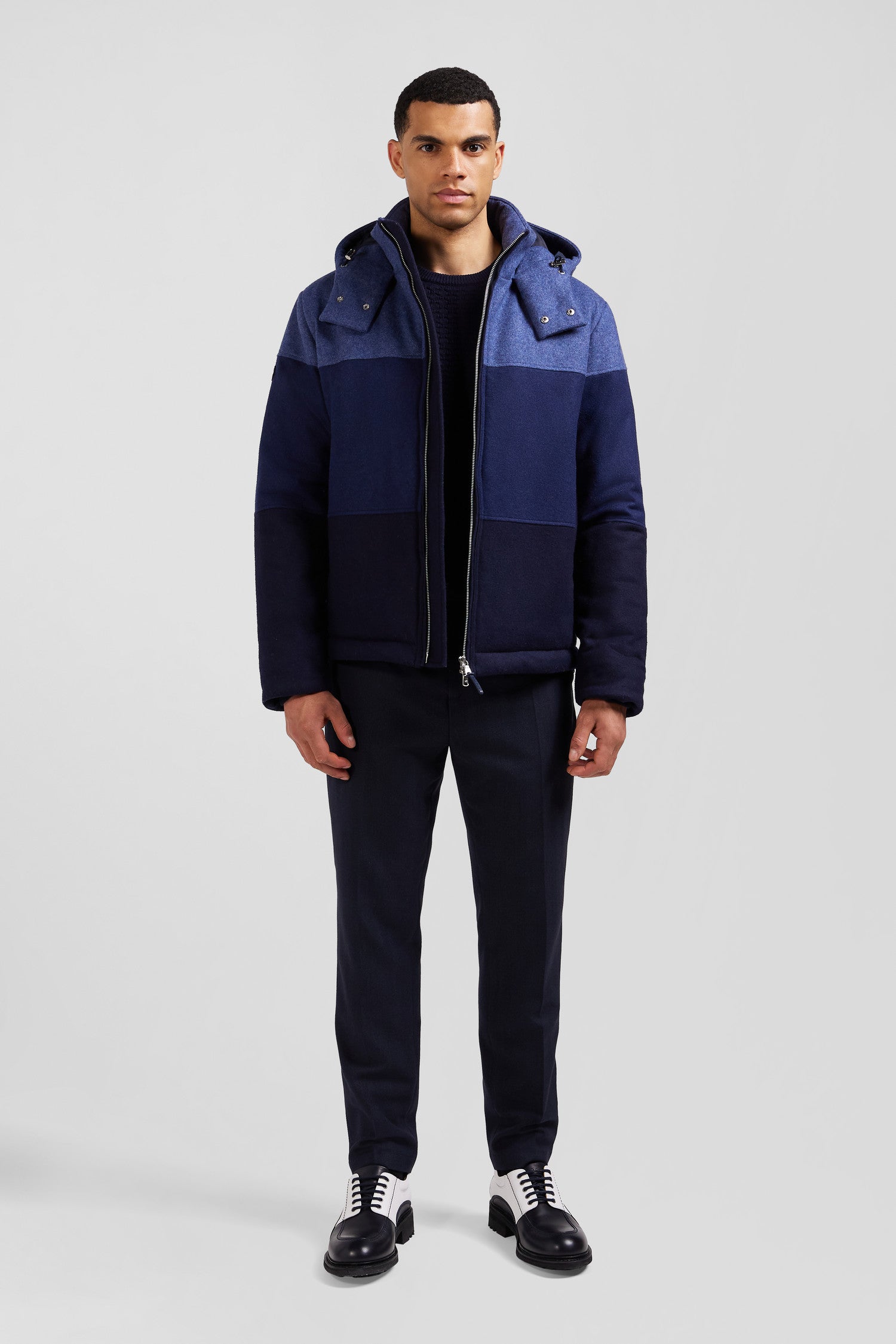 Blouson zippé à capuche en jersey de laine bleu marine