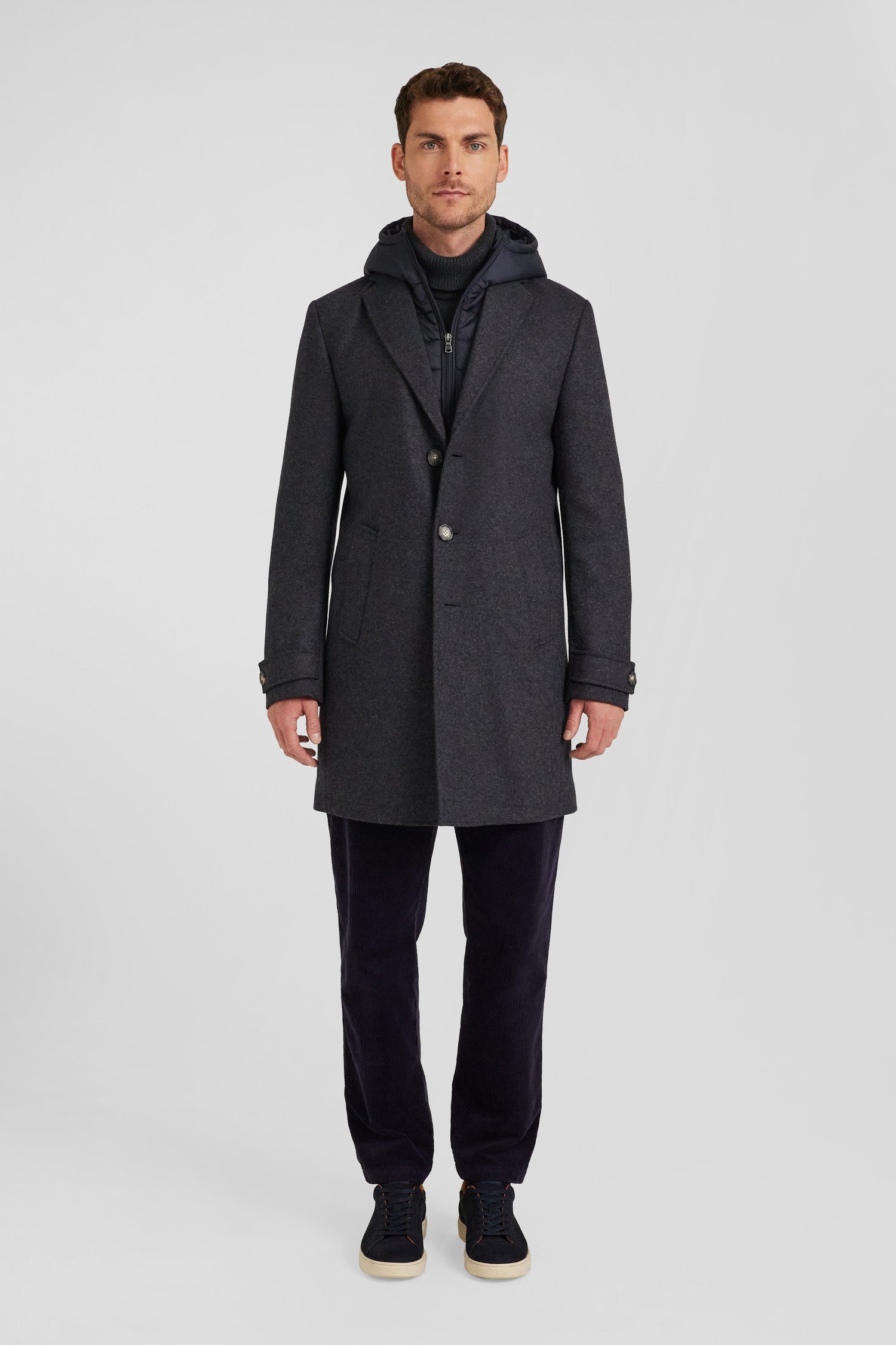 Anthracite grey double-faced wool jersey coat with quilted front