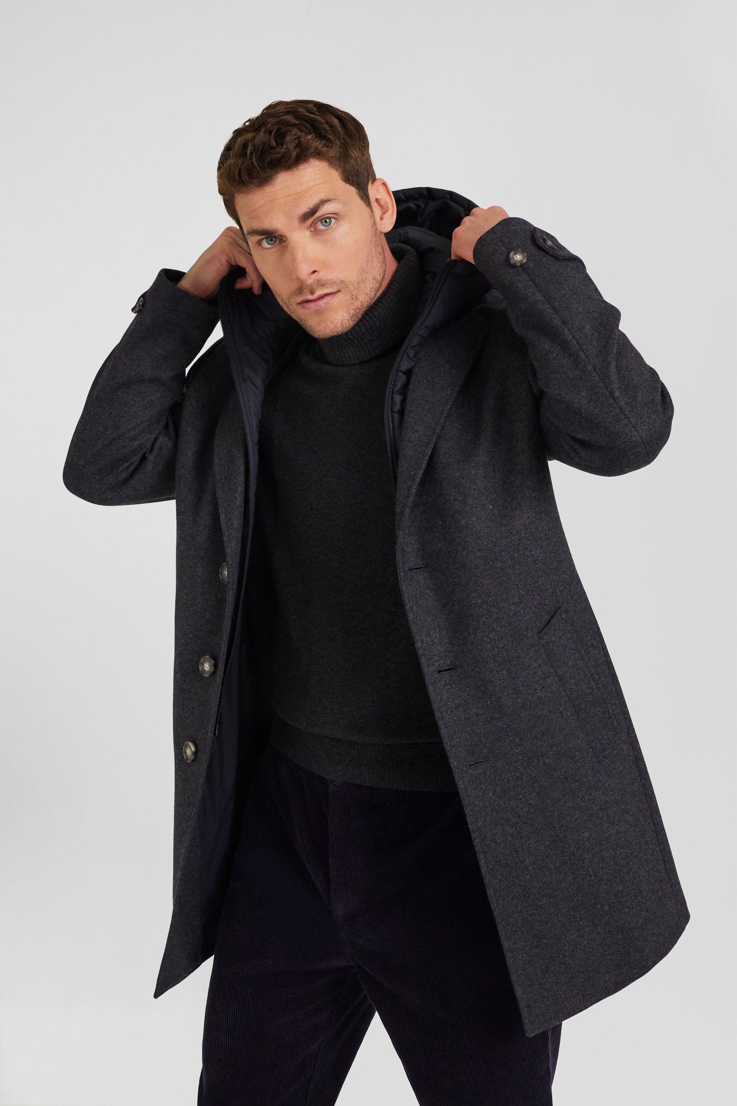 Anthracite grey double-faced wool jersey coat with quilted front