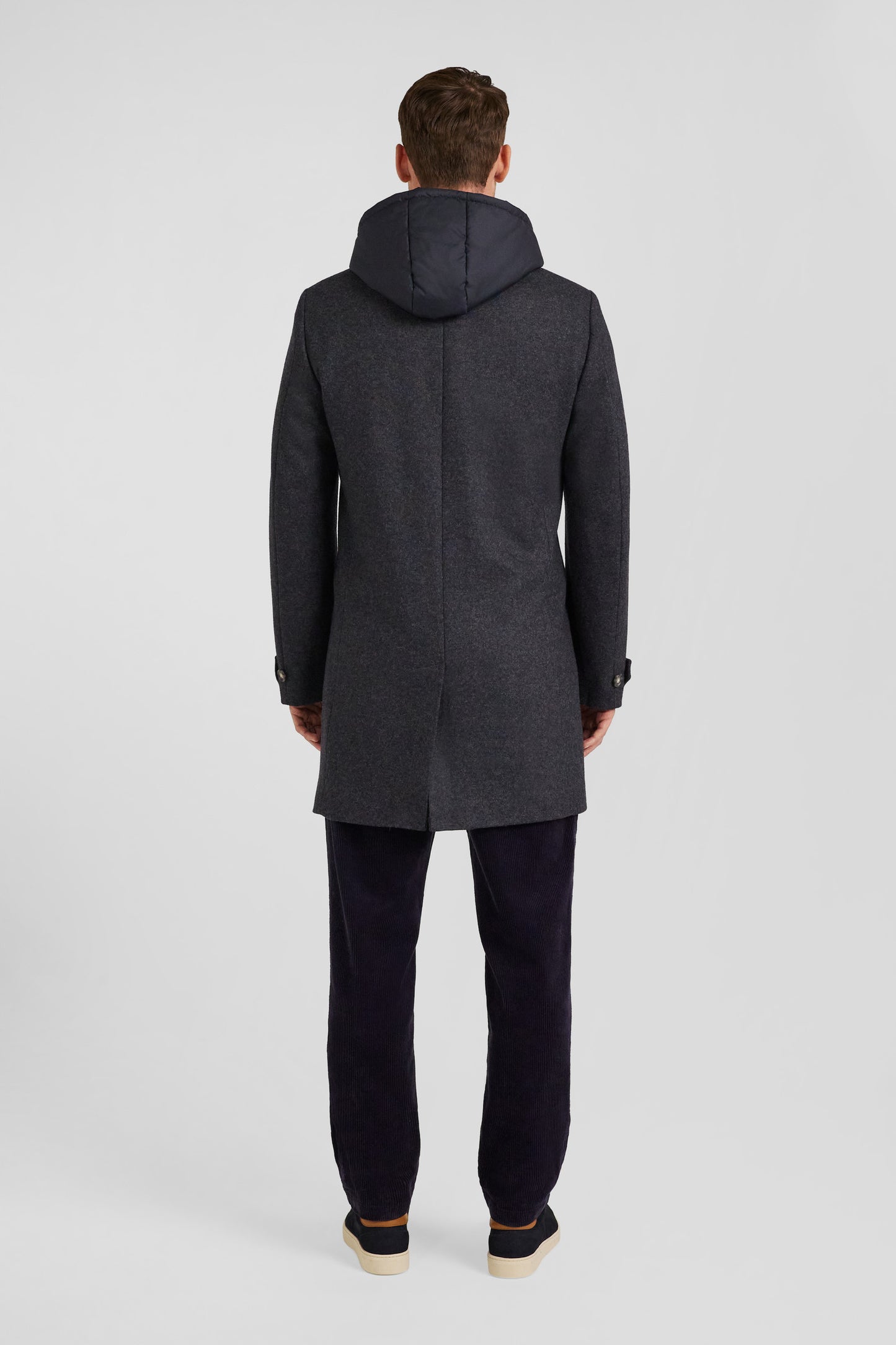 Anthracite grey double-faced wool jersey coat with quilted front