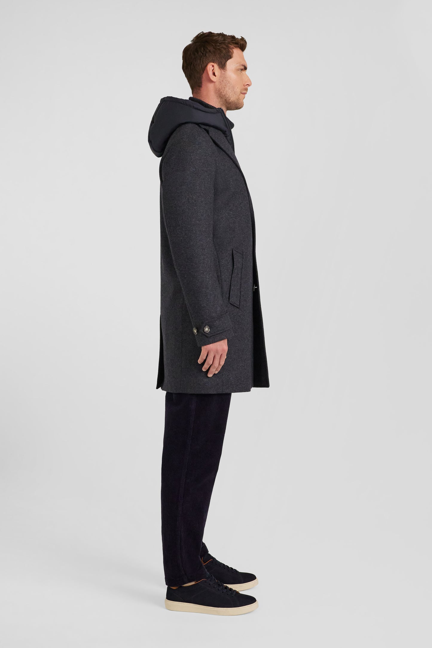 Anthracite grey double-faced wool jersey coat with quilted front