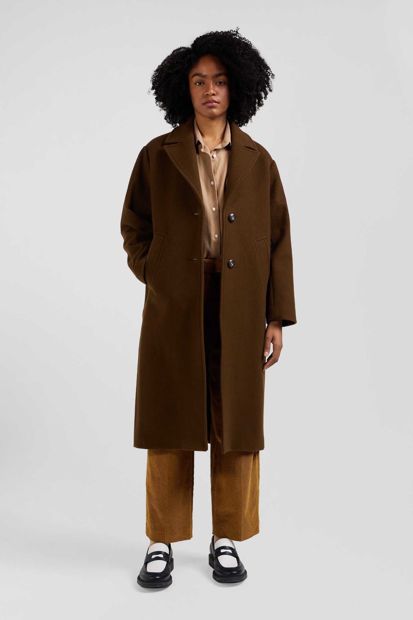 Manteau en drap de laine mélangée marron coupe Oversized